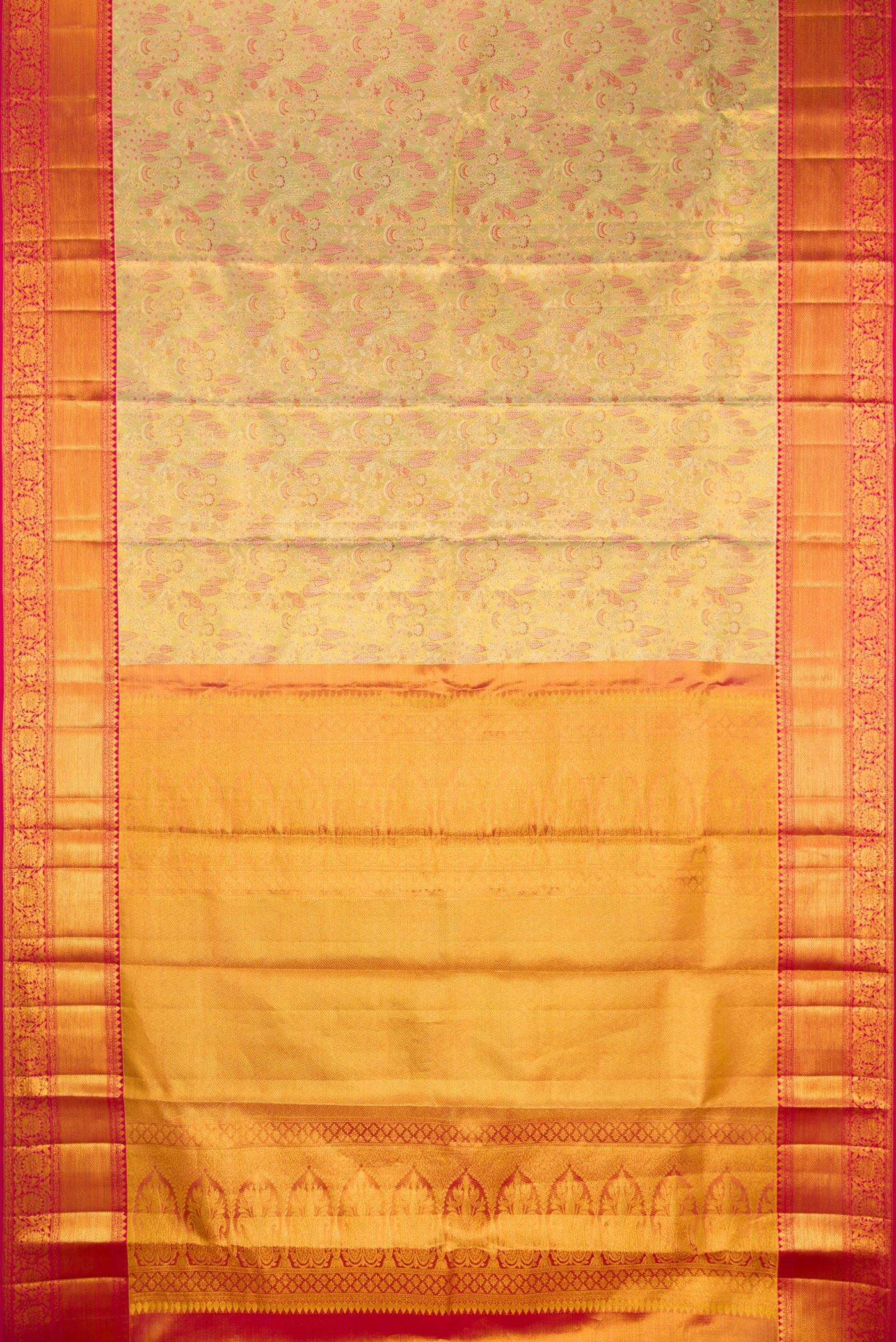 Flat view of Pure Silk Gold Kanchipuram Tissue Saree with Zari Brocade on the body and Zari Border. 