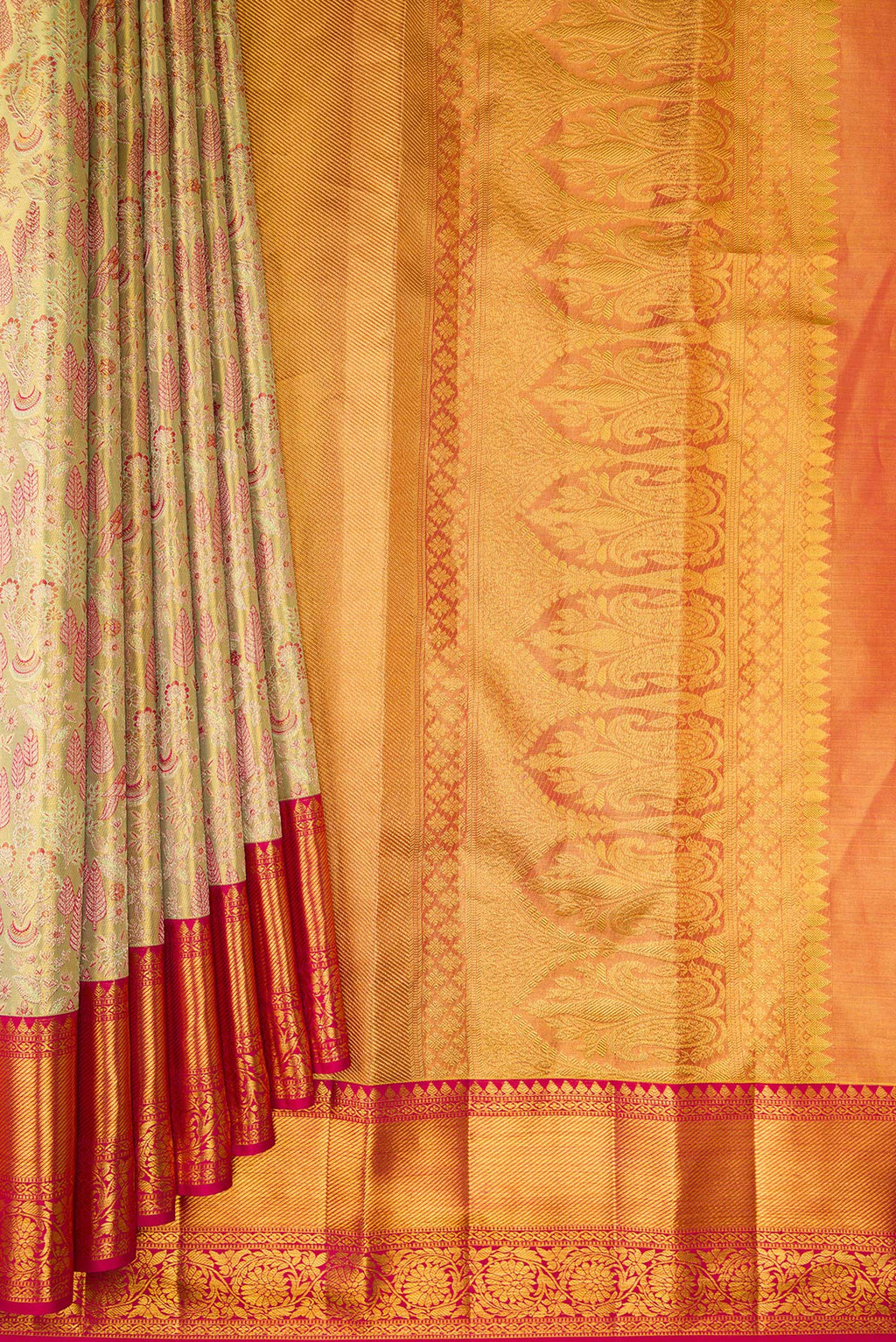Pleats and pallu of Pure Silk Gold Kanchipuram Tissue Saree with Zari Brocade on the body and Zari Border. 