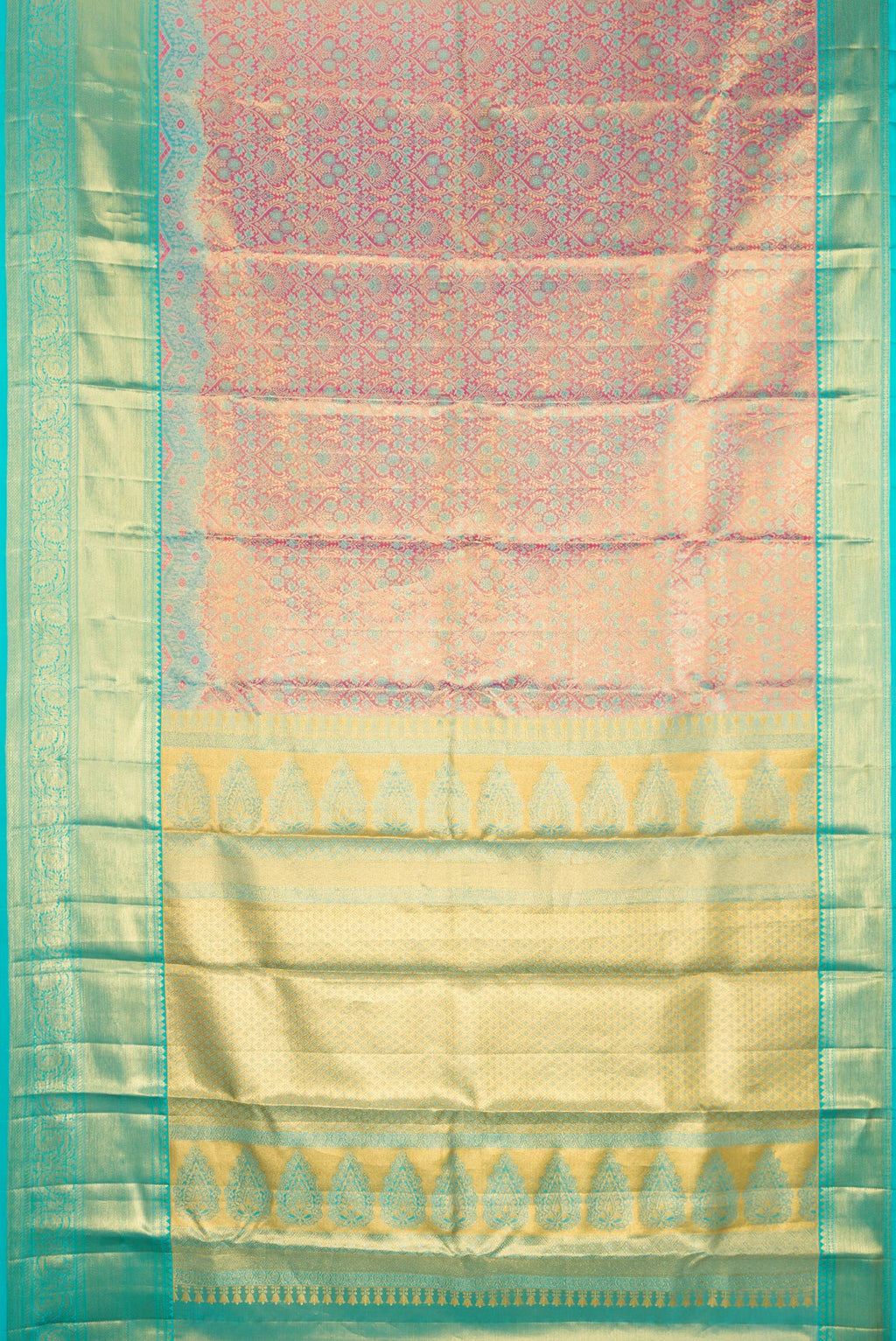 Flat view of Pure Silk Pink Kanchipuram Tissue Saree with Zari Brocade on the body and Fancy Border. 