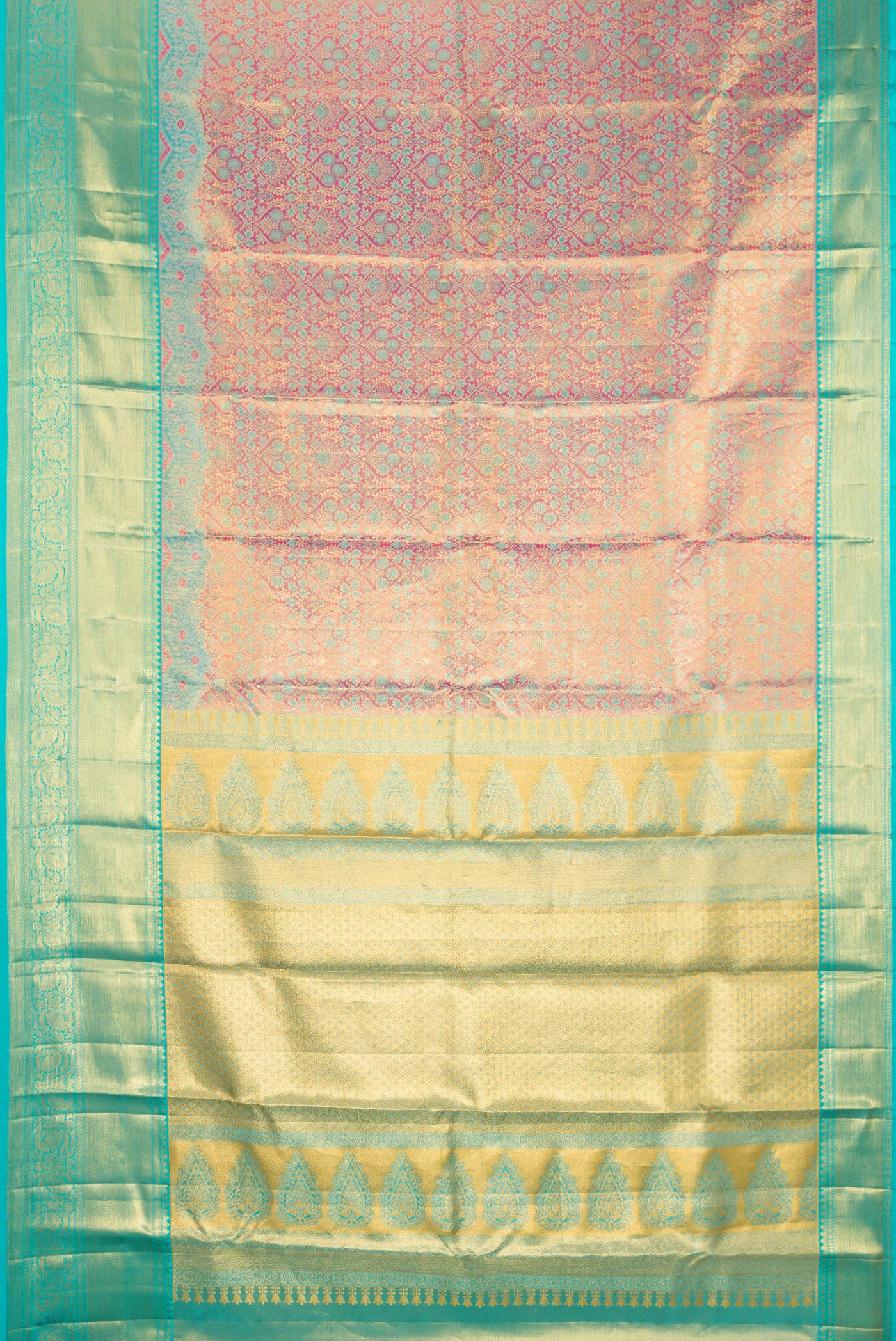 Flat view of Pure Silk Pink Kanchipuram Tissue Saree with Zari Brocade on the body and Fancy Border. 