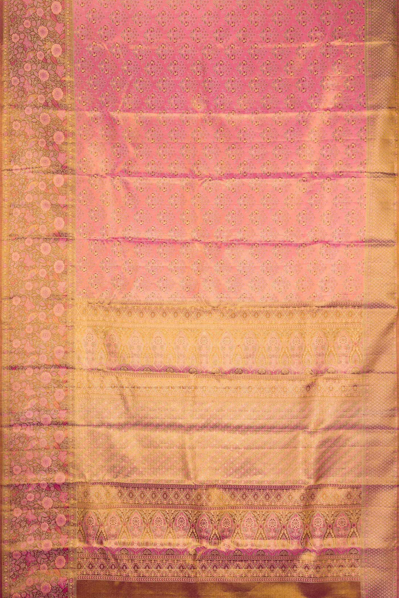 Flat view of Pink Dual Tone Kanjivaram Tissue Silk Saree with Zari Brocade on the body and Fancy Border. 