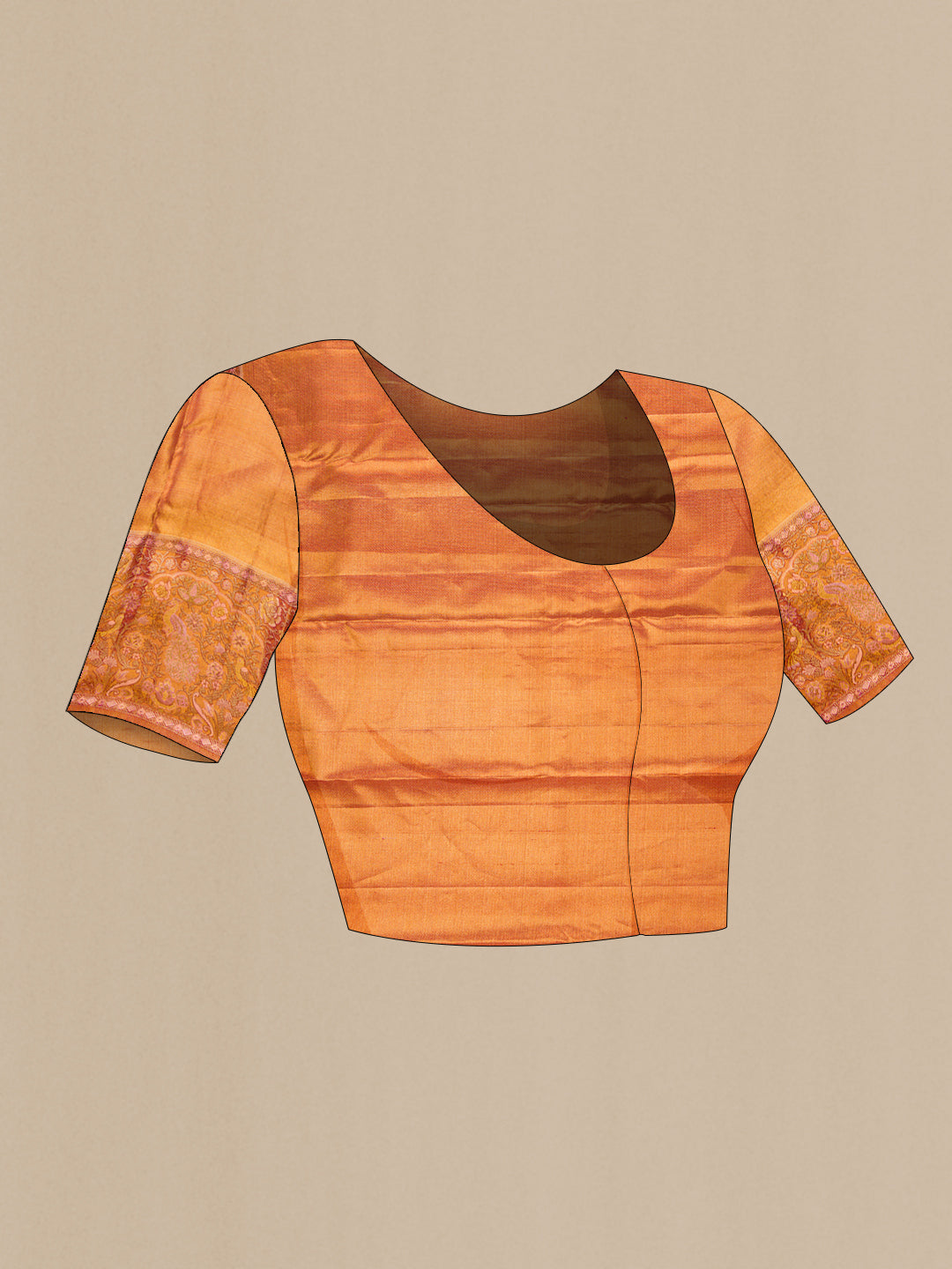 Close up image of the blouse of Rose Gold Dual Tone Kanjivaram Tissue Silk Saree with Zari Brocade on the body and Fancy Border. 