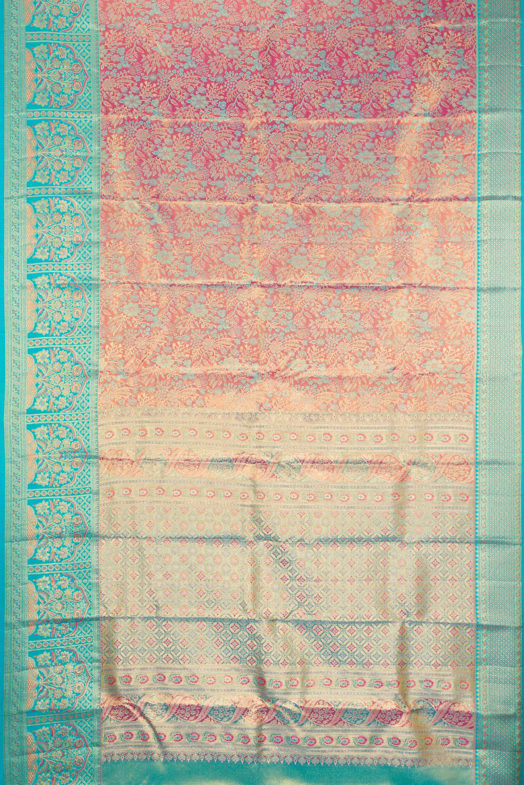 Flat view of Lavender Dual Tone Kanjivaram Tissue Silk Saree with Zari Brocade on the body and Fancy Border. 