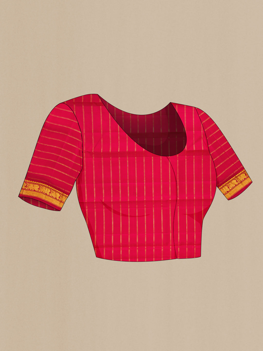 Close up image of the blouse of Maroon Kanchipuram Silk Saree with Stripes on the body and Zari Border. 