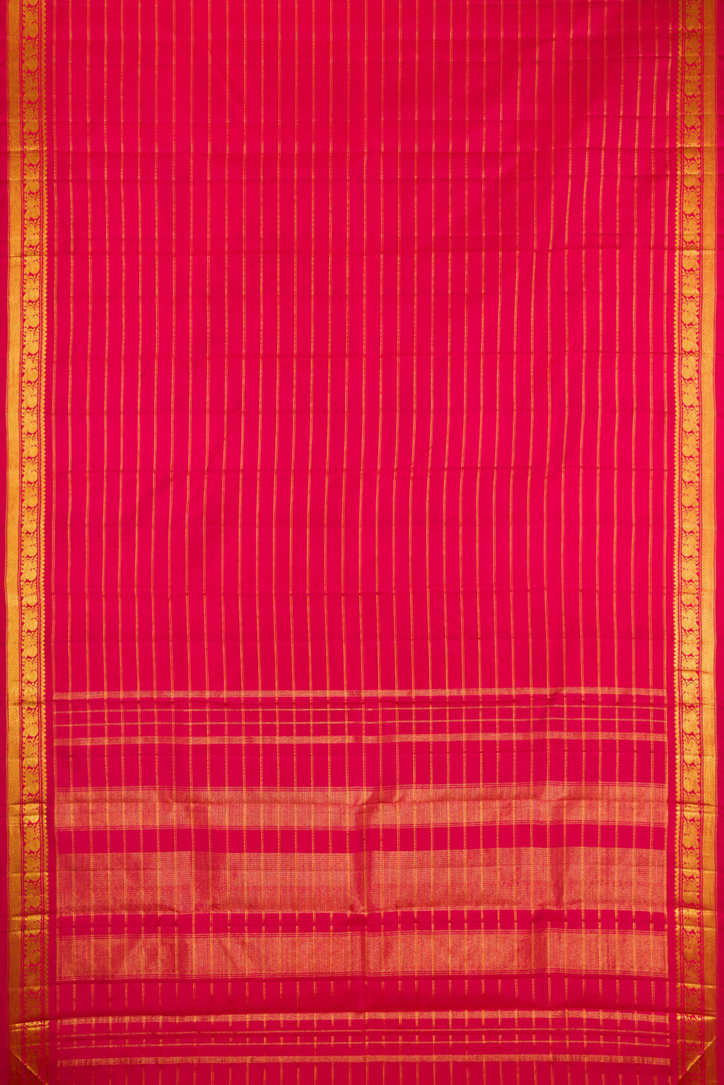 Flat view of Maroon Kanchipuram Silk Saree with Stripes on the body and Zari Border. 