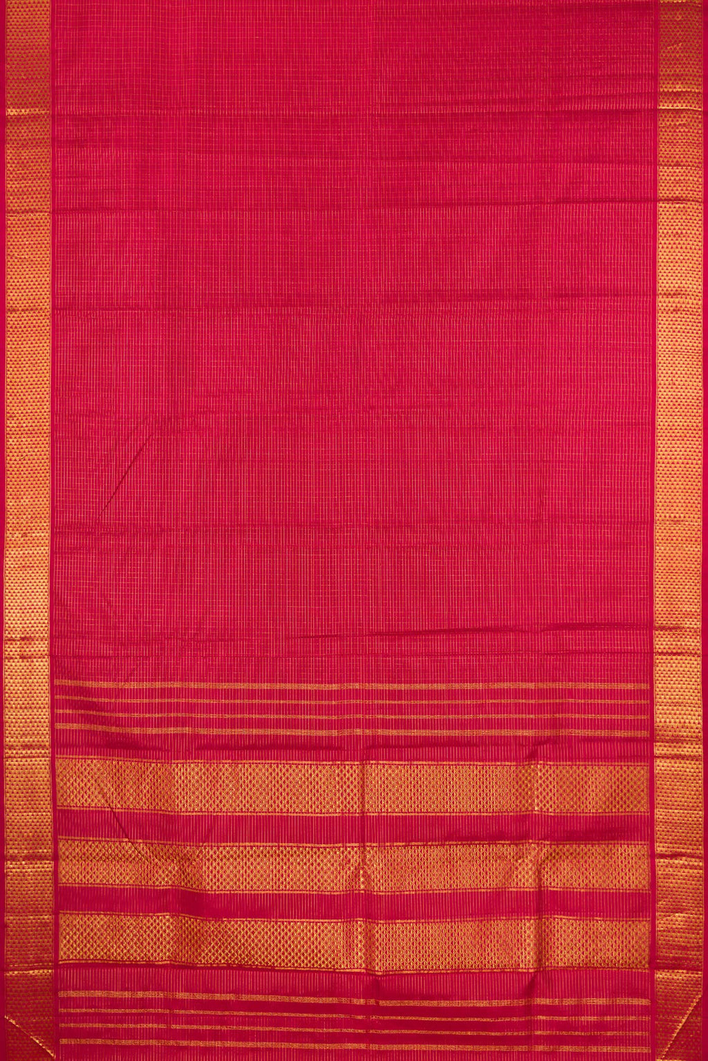 Flat view of Pure Silk Maroon Kanchipuram Saree with Checked design on the body and Zari Border. 