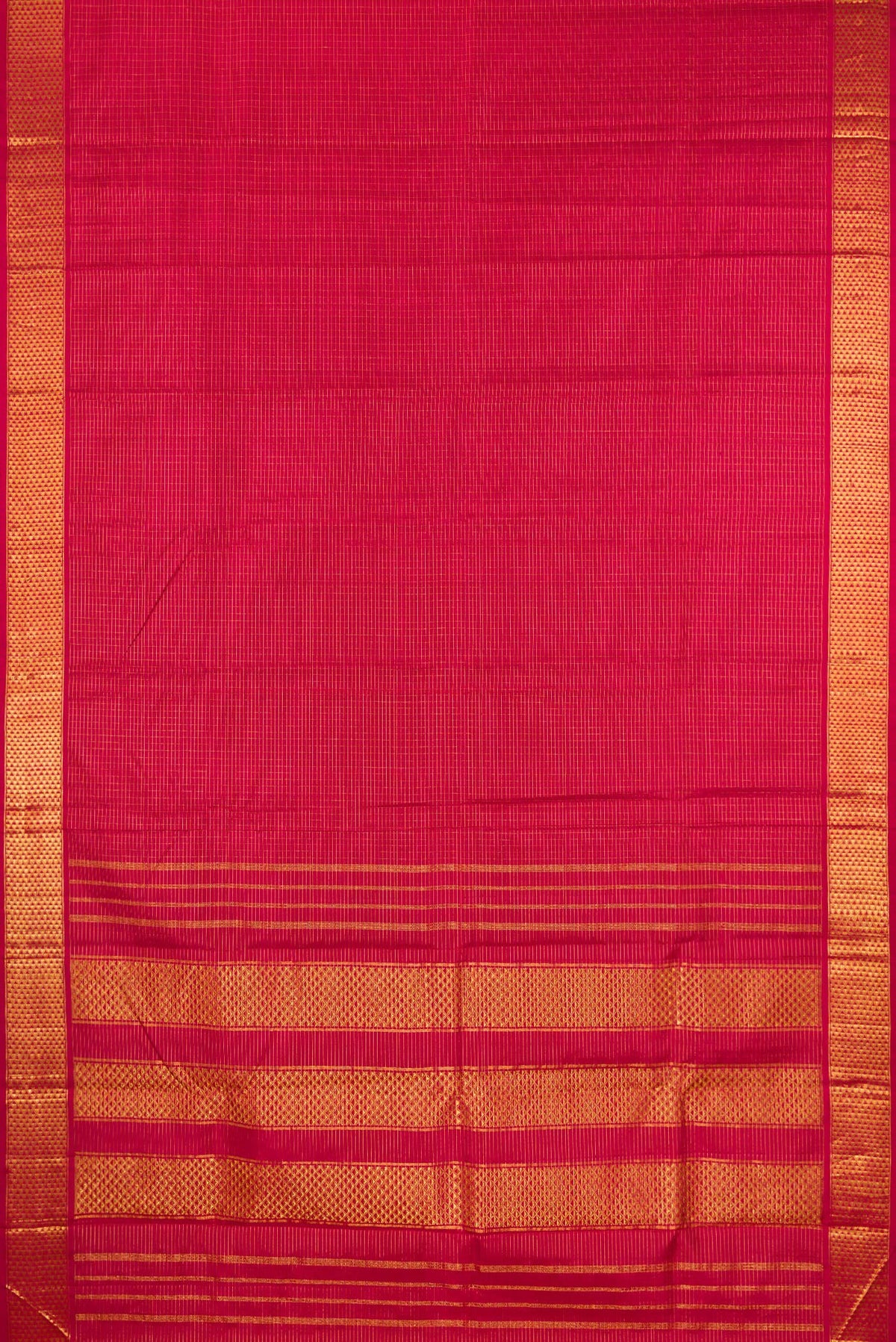 Flat view of Pure Silk Maroon Kanchipuram Saree with Checked design on the body and Zari Border. 