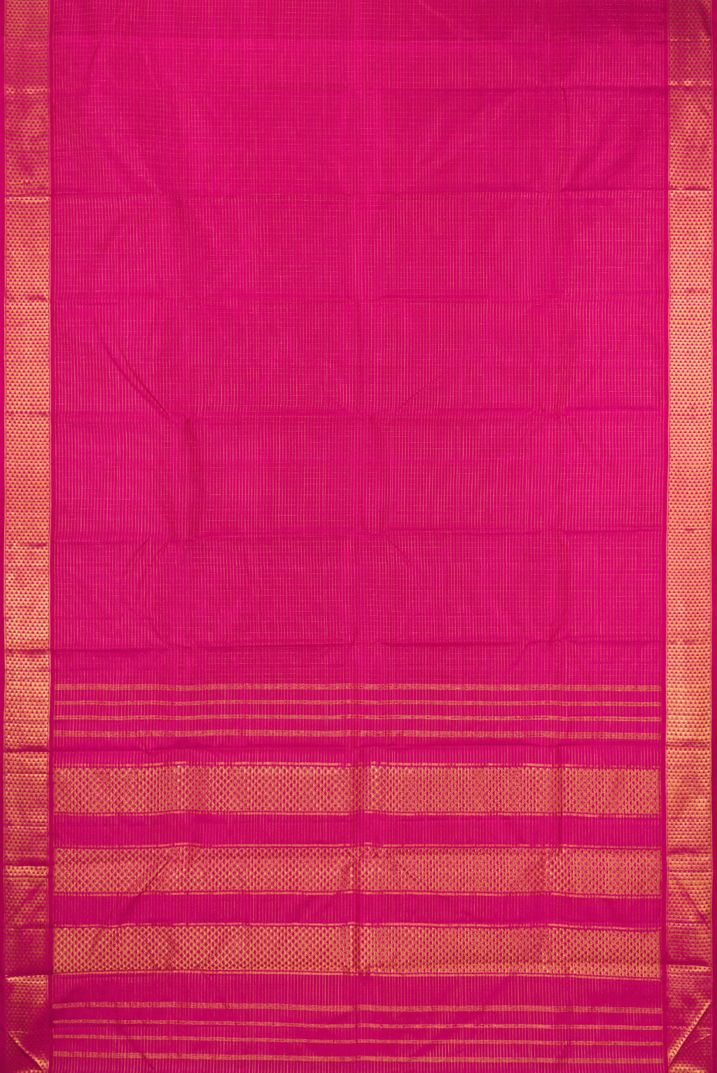 Flat view of Pure Silk Rani Pink Kanchipuram Saree with Checked design on the body and Zari Border. 
