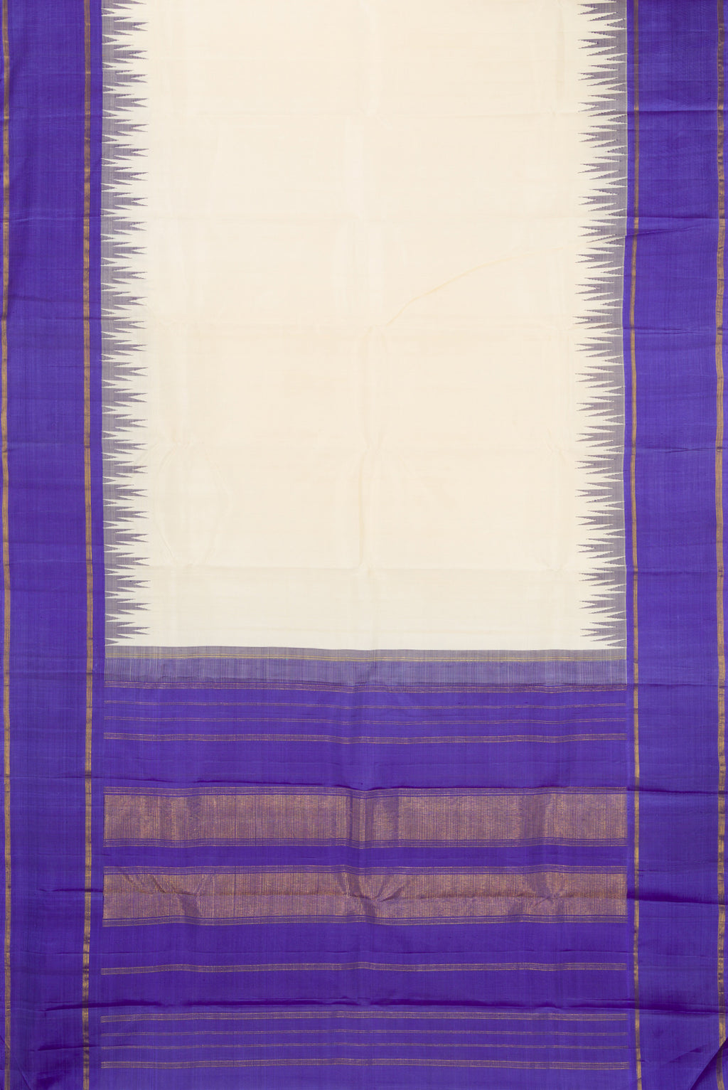 Flat view of Off White Kanchipuram Silk Saree with Plain Body and Temple Border. 