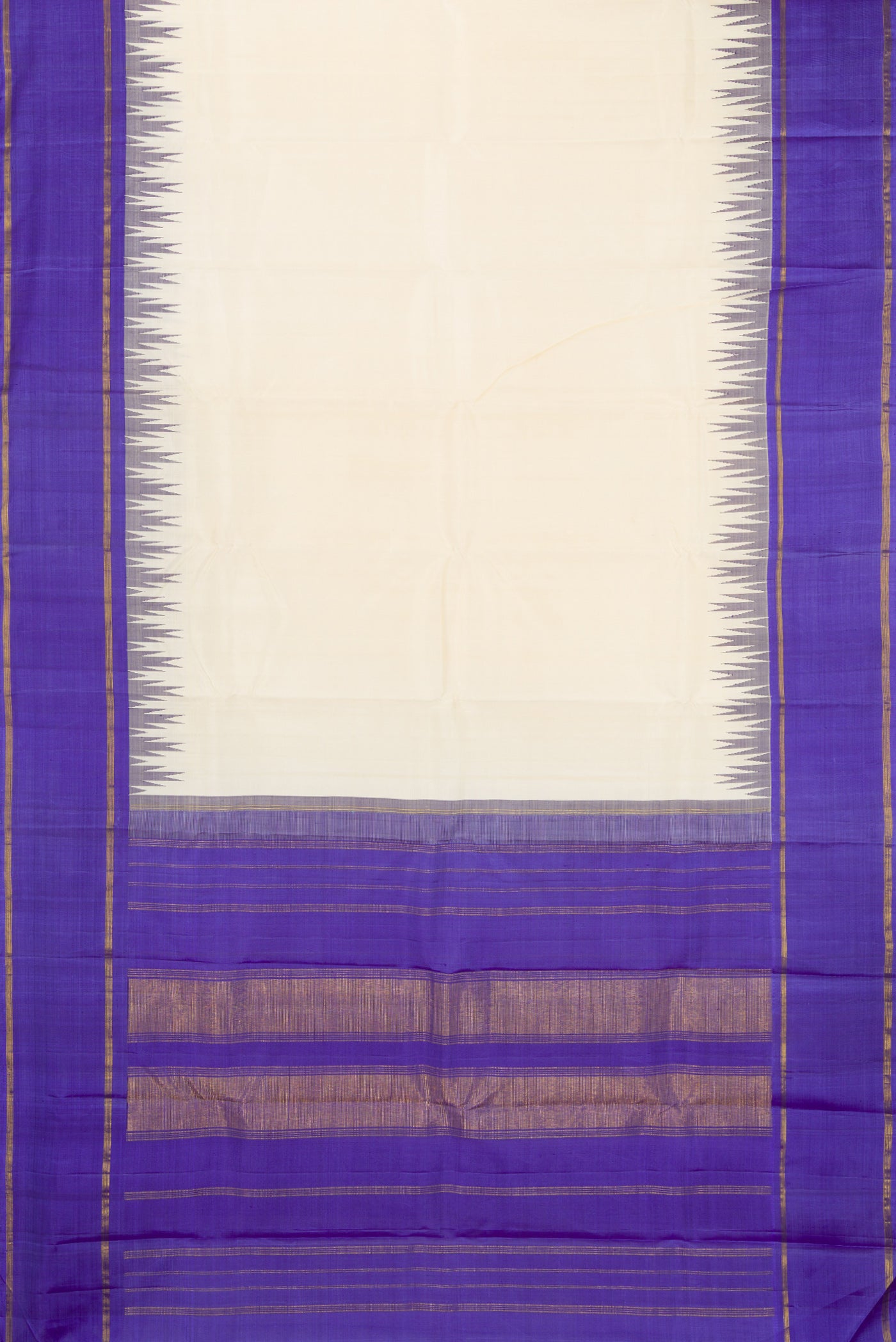 Flat view of Off White Kanchipuram Silk Saree with Plain Body and Temple Border. 
