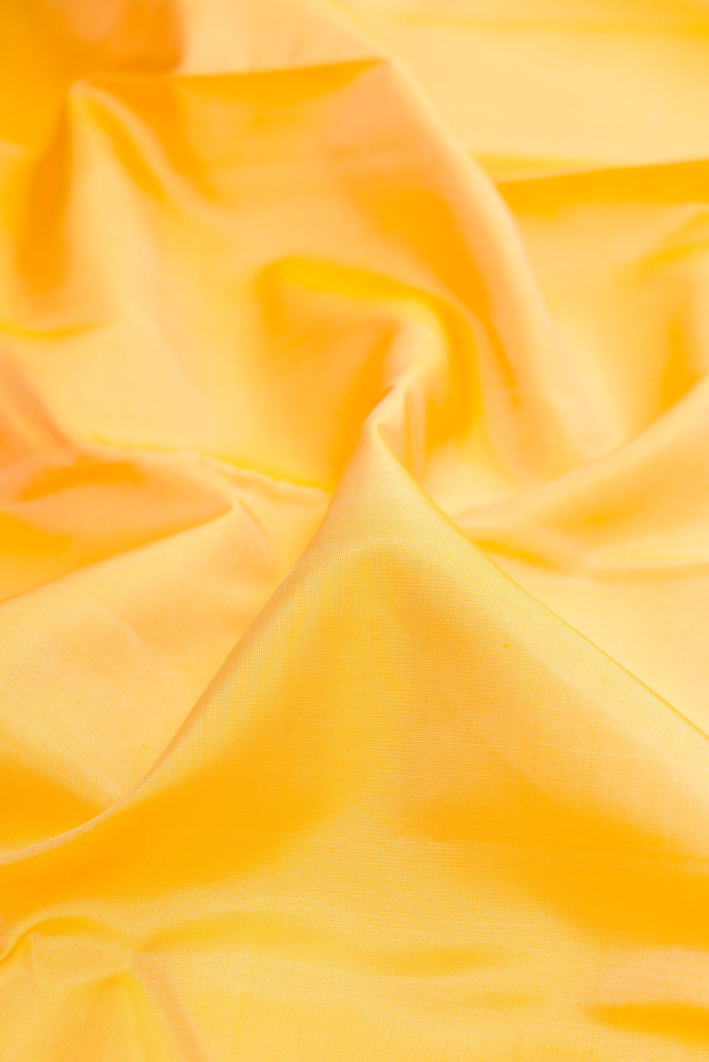 Close up of Yellow Kanchipuram Silk Saree with Plain Body and Plain Border.  displaying folds