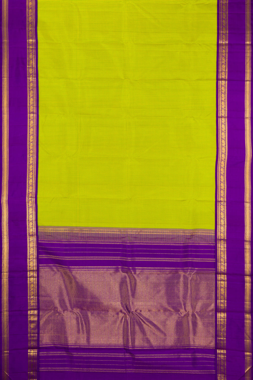 Flat view of Parrot Green Kanjivaram Silk Saree with Checked design on the body and Zari Border. 