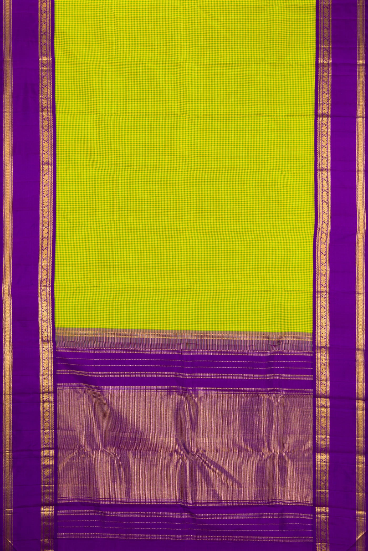 Flat view of Parrot Green Kanjivaram Silk Saree with Checked design on the body and Zari Border. 