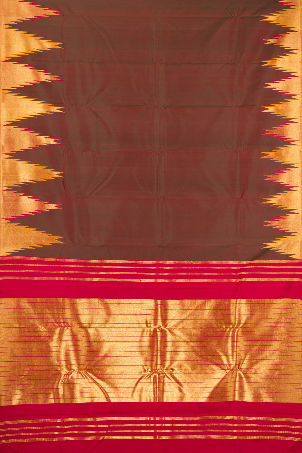 Flat view of Mehandi Green Dual Tone Kanjivaram Silk Saree with Plain Body and Temple Border. 