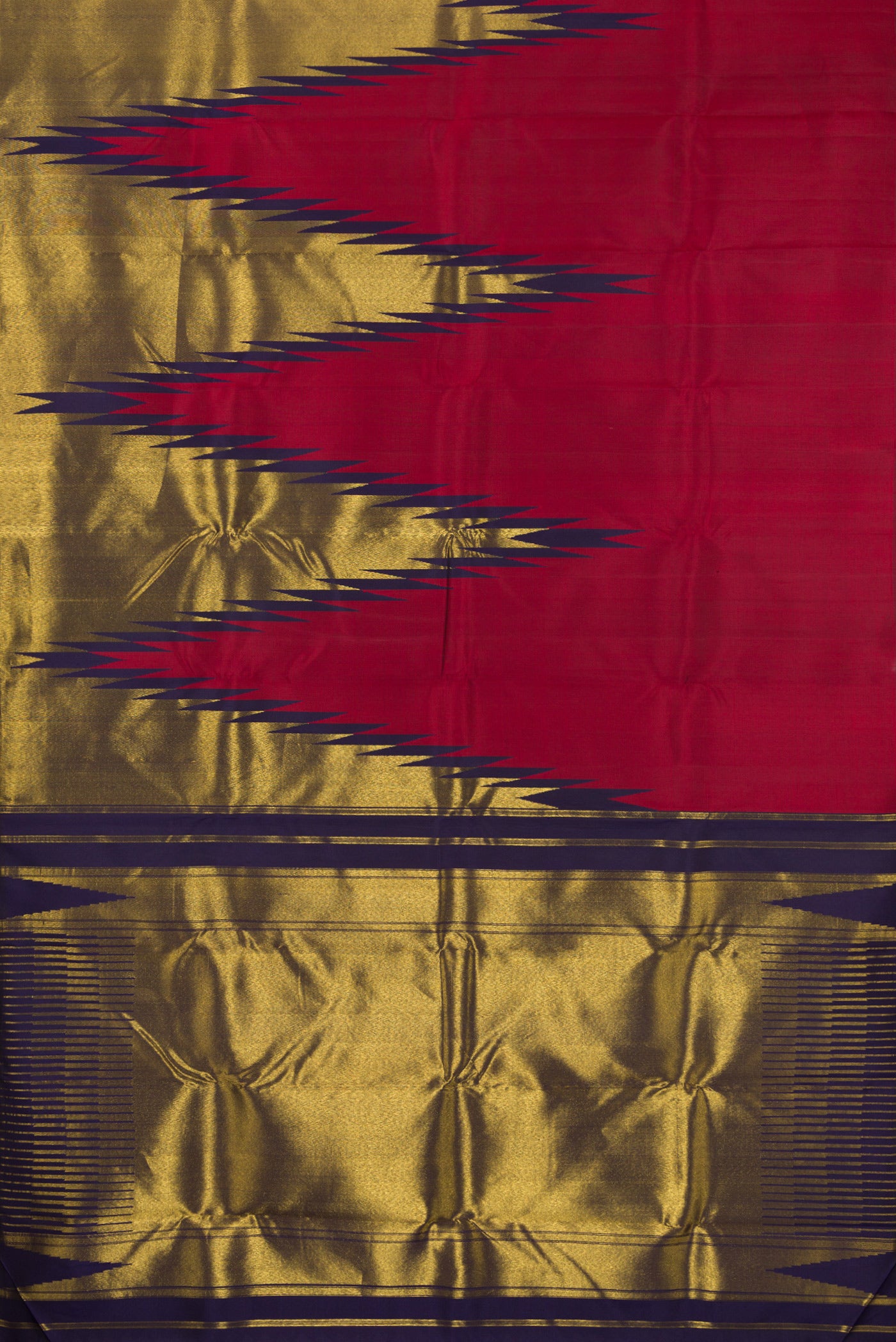 Flat view of Maroon Kanjivaram Silk Saree with Plain Body and Temple Border. 