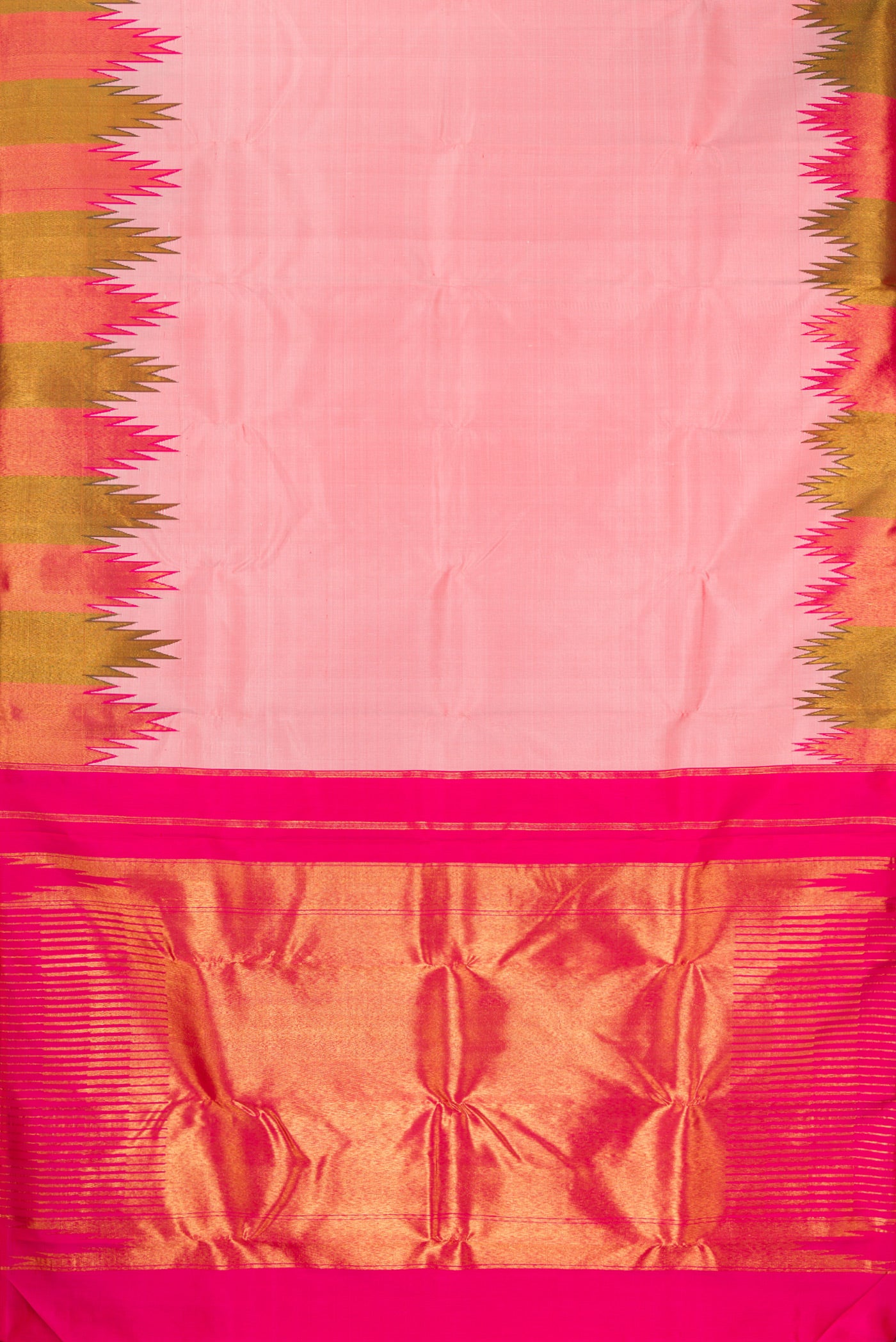 Flat view of Rose pink Kanjivaram Silk Saree with Plain Body and Temple Border. 
