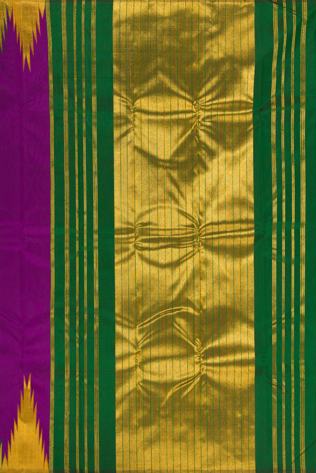 Close up image of the pallu of Purple Kanjivaram Silk Saree with Plain Body and Temple Border. 