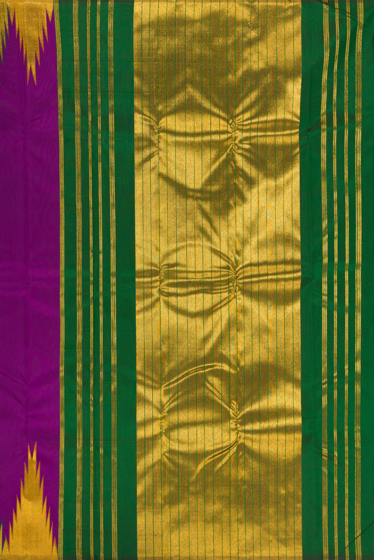 Close up image of the pallu of Purple Kanjivaram Silk Saree with Plain Body and Temple Border. 