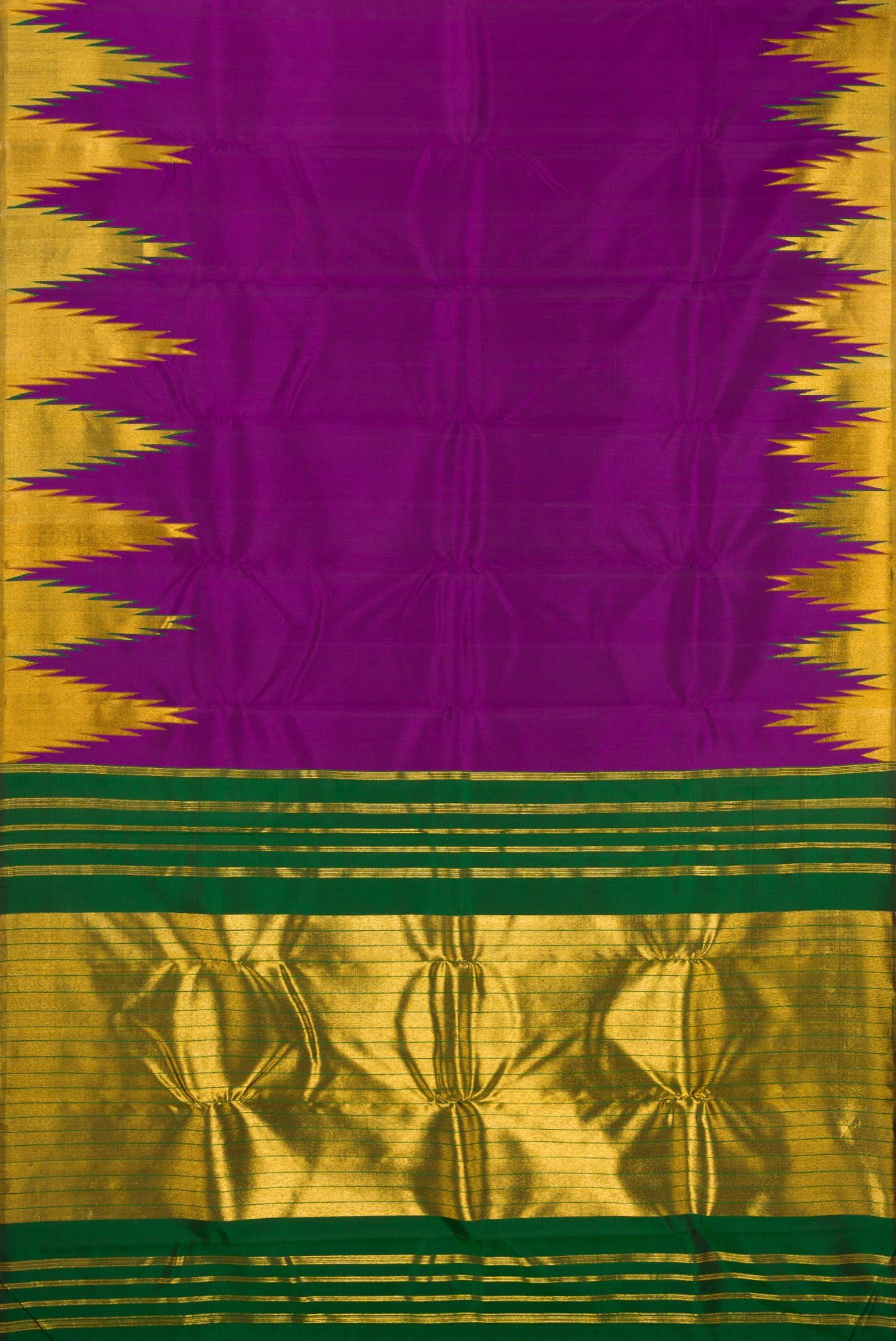 Flat view of Purple Kanjivaram Silk Saree with Plain Body and Temple Border. 