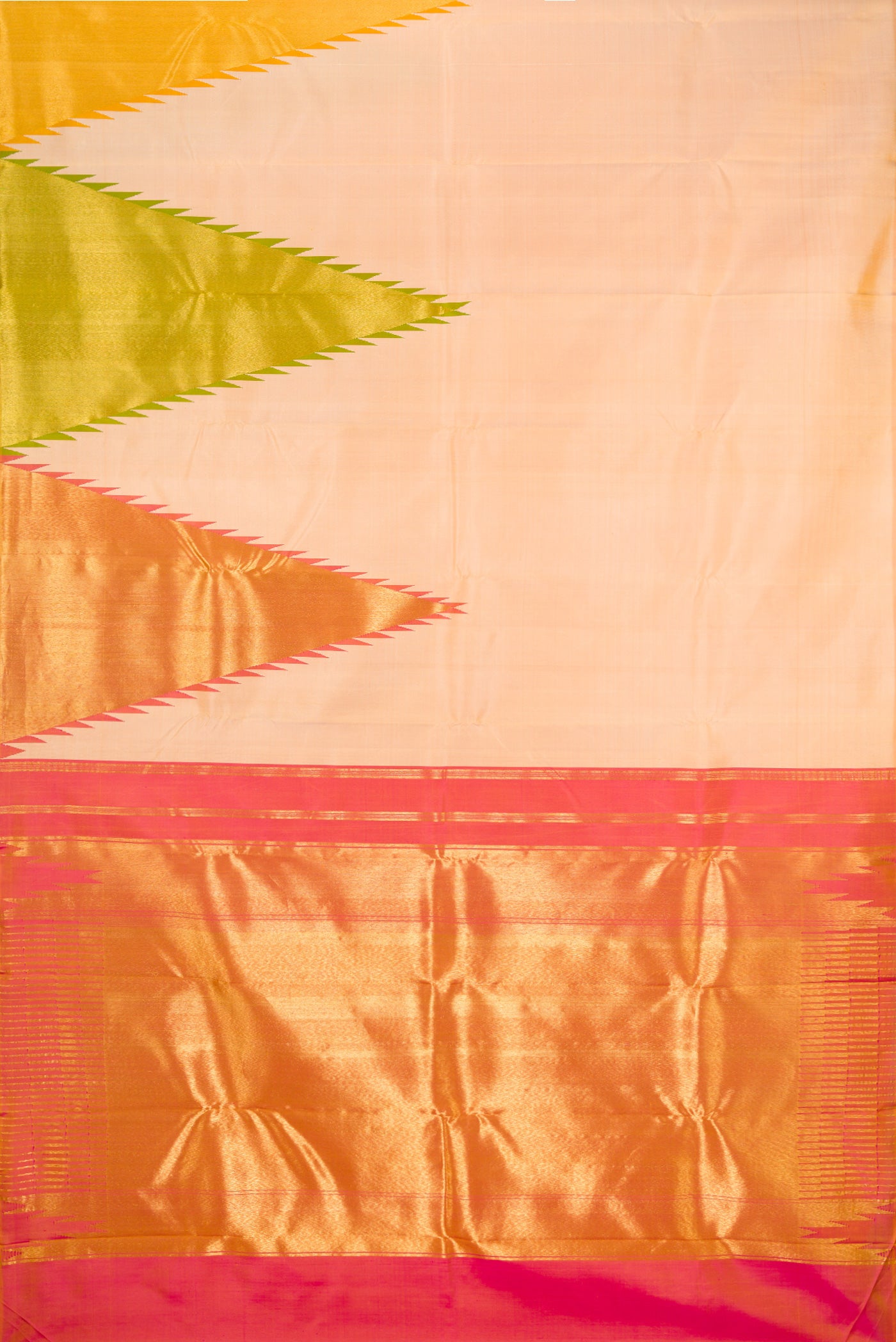 Flat view of Sandal Kanjivaram Silk Saree with Plain Body and Temple Border. 
