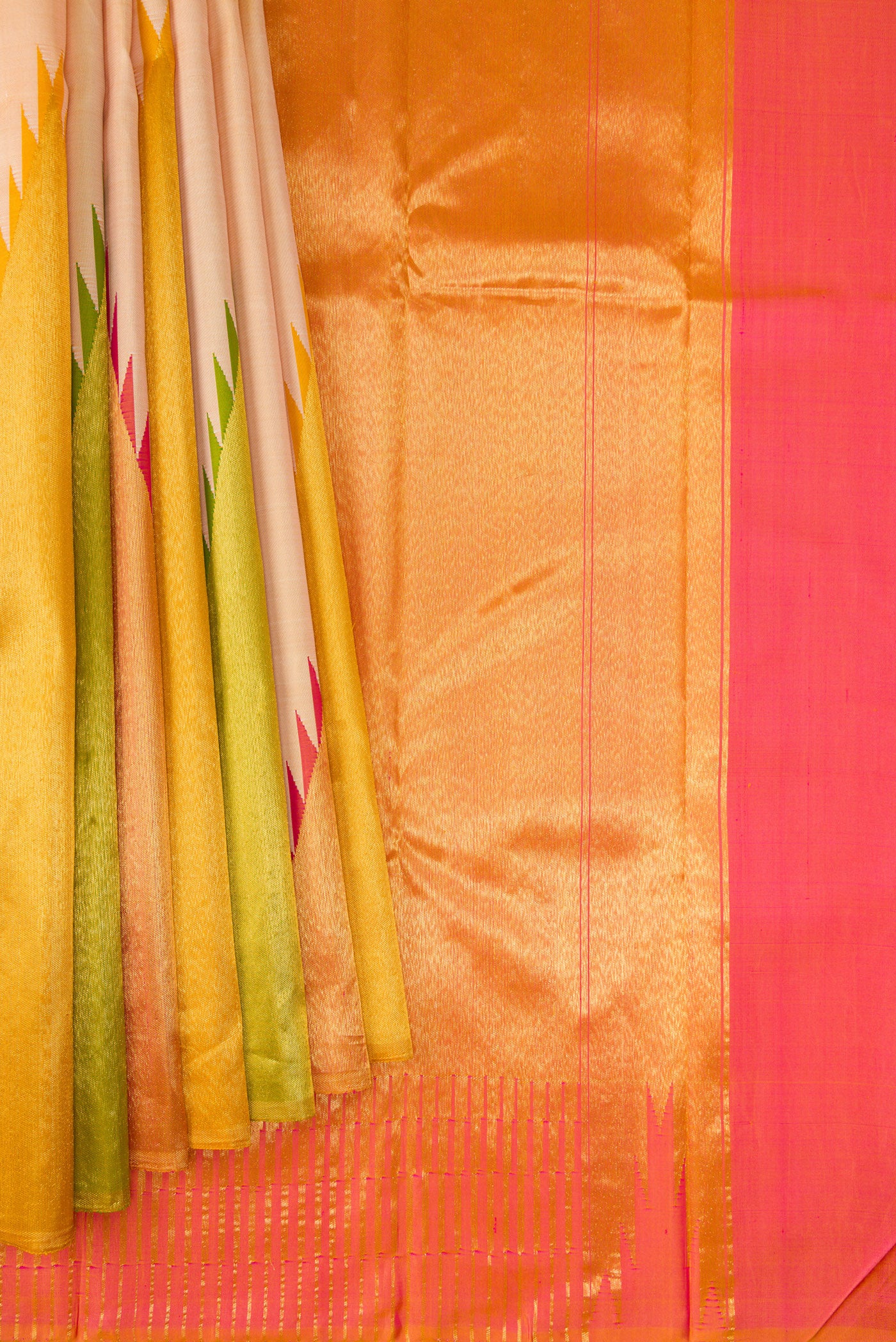 Pleats and pallu of Sandal Kanjivaram Silk Saree with Plain Body and Temple Border. 