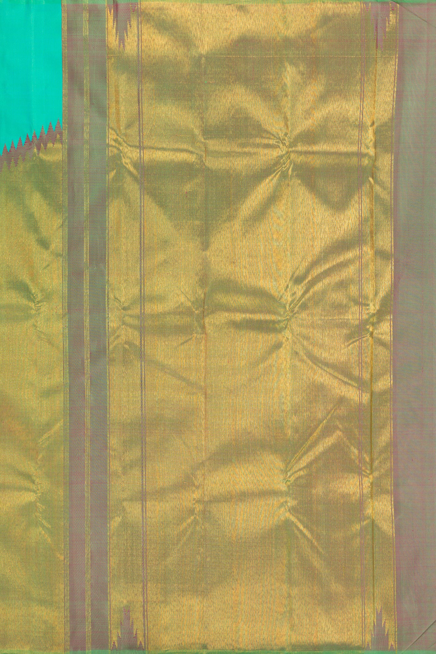 Close up image of the pallu of Sea Green Kanjivaram Silk Saree with Plain Body and Rising Temple Border. 