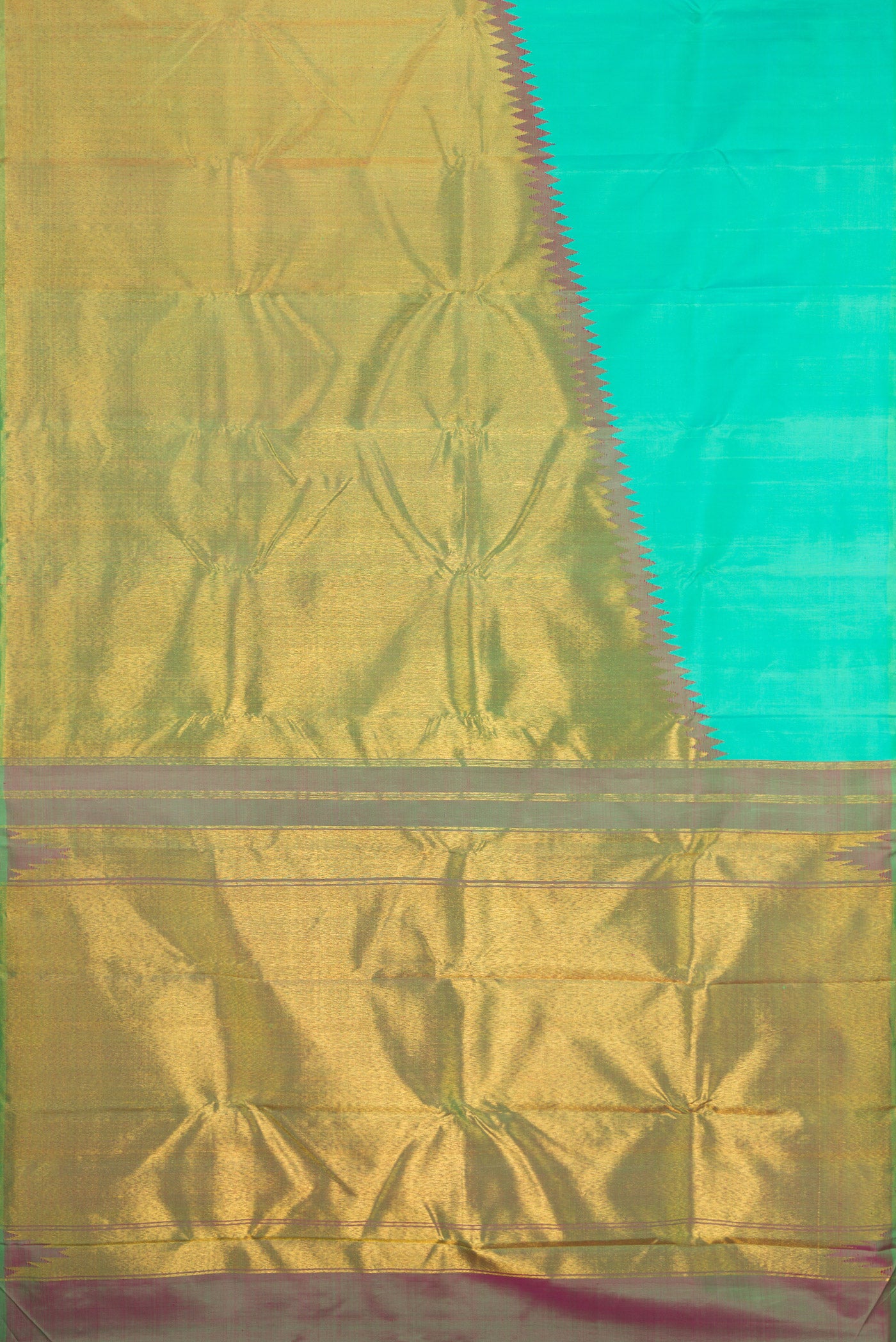 Flat view of Sea Green Kanjivaram Silk Saree with Plain Body and Rising Temple Border. 