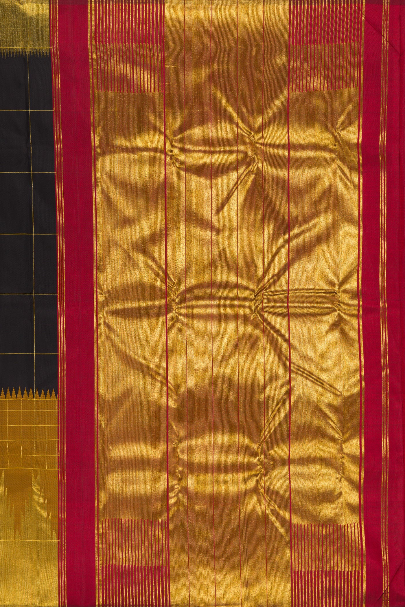 Close up image of the pallu of Black Kanchipuram Silk Saree with Checked design on the body and Fancy Border. 