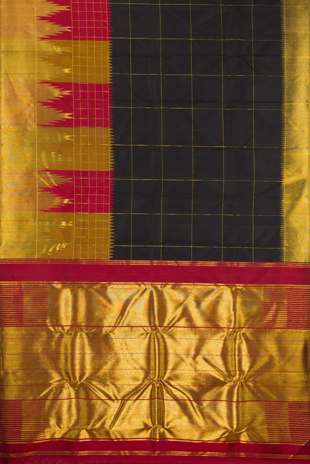 Flat view of Black Kanchipuram Silk Saree with Checked design on the body and Fancy Border. 