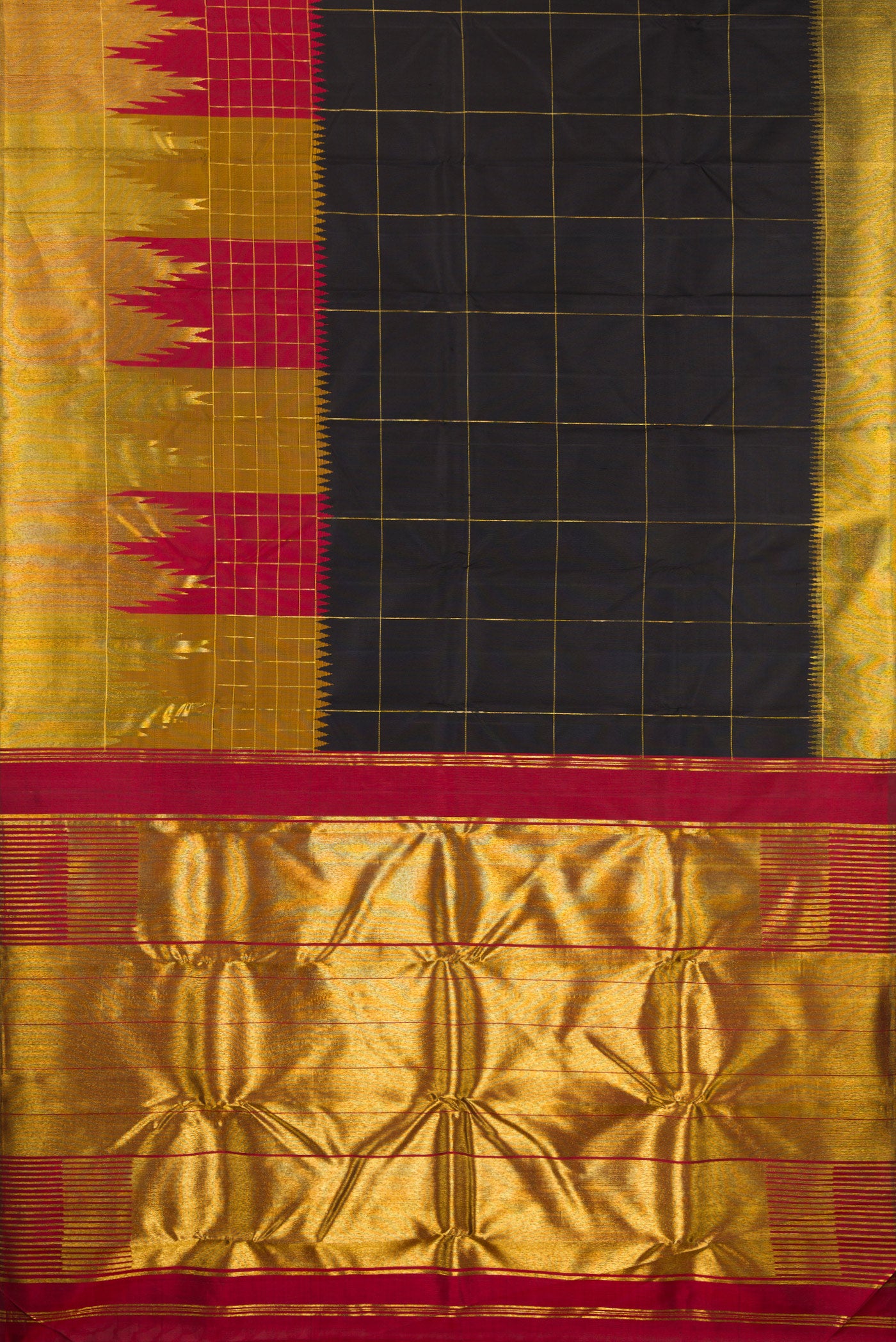 Flat view of Black Kanchipuram Silk Saree with Checked design on the body and Fancy Border. 