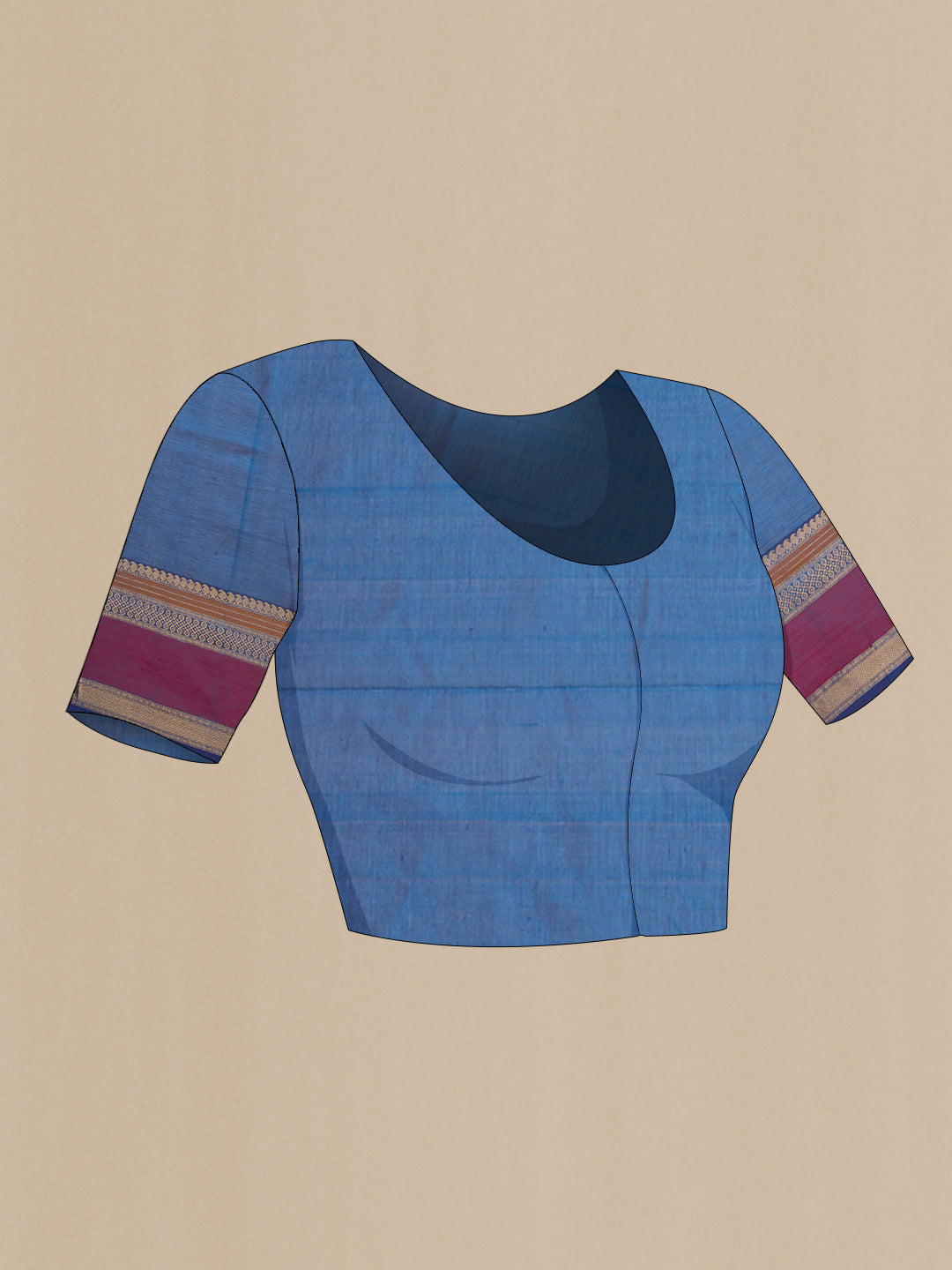 Close up image of the blouse of Peacock Blue Silk Cotton Saree with Zari Butta on the body and Zari Border. 