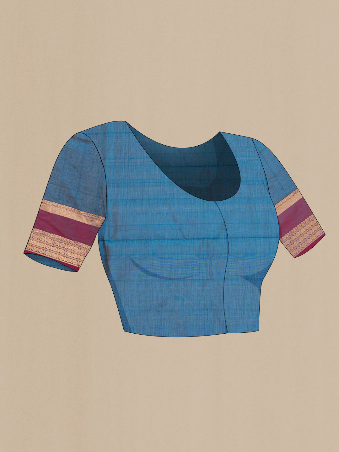 Close up image of the blouse of Peacock Blue Dual Tone Silk Cotton Saree with Zari Butta on the body and Zari Border. 