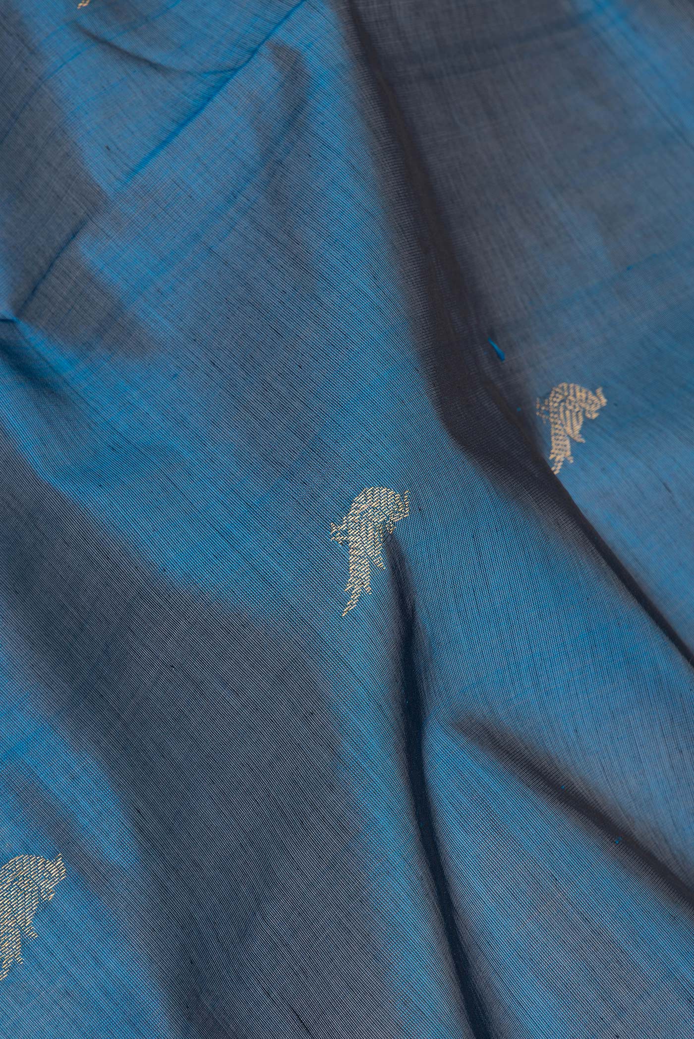 Close up of Peacock Blue Dual Tone Silk Cotton Saree with Zari Butta on the body and Zari Border.  displaying folds