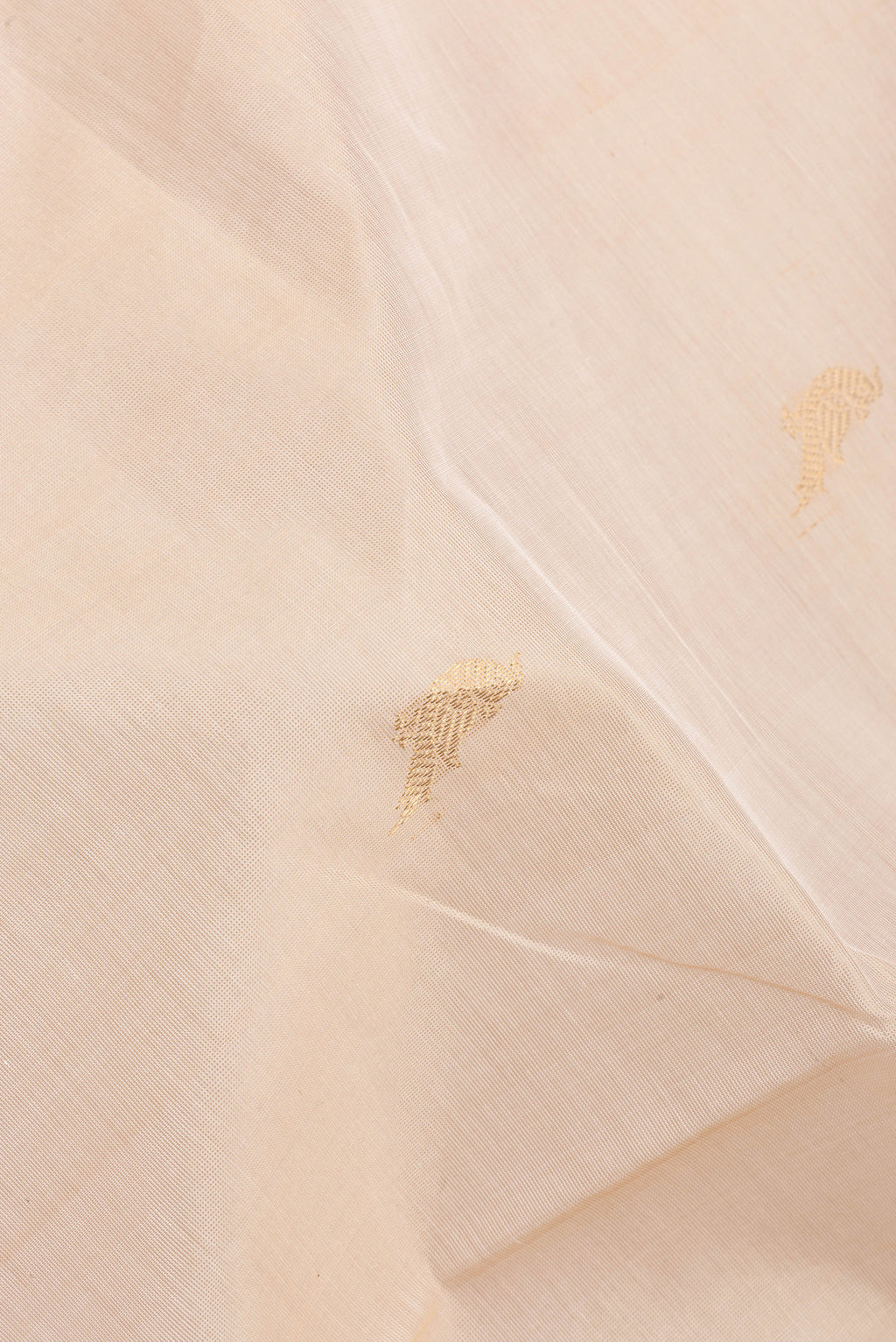 Close up of Beige Silk Cotton Saree with Zari Butta on the body and Fancy Border.  displaying folds