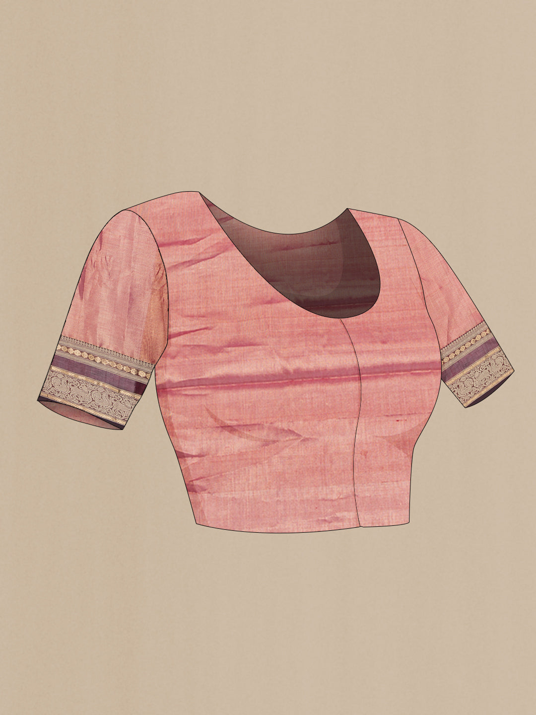 Close up image of the blouse of Maroon Dual Tone Silk Cotton Saree with Stripes on the body and Zari And Thread Border. 