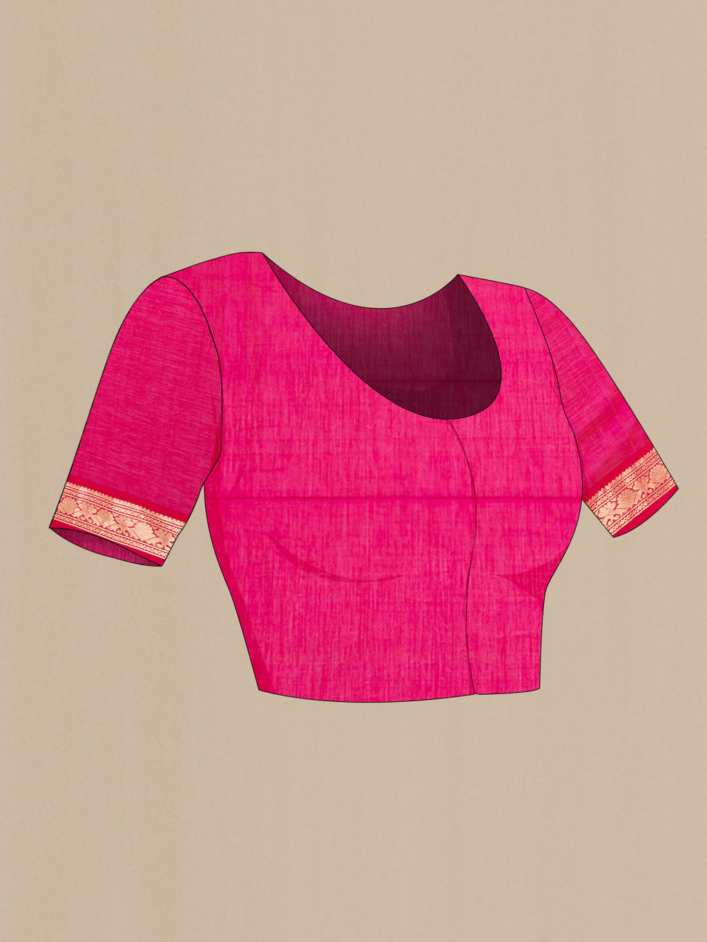 Close up image of the blouse of Dark Pink Silk Cotton Saree with Stripes on the body and Zari Border. 
