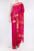 Dark Pink Silk Cotton Saree with Stripes on the body and Zari Border.  displayed on a mannequin