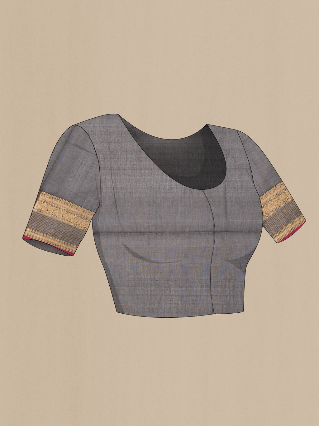 Close up image of the blouse of Black Silk Cotton Saree with Zari Butta on the body and Fancy Border. 