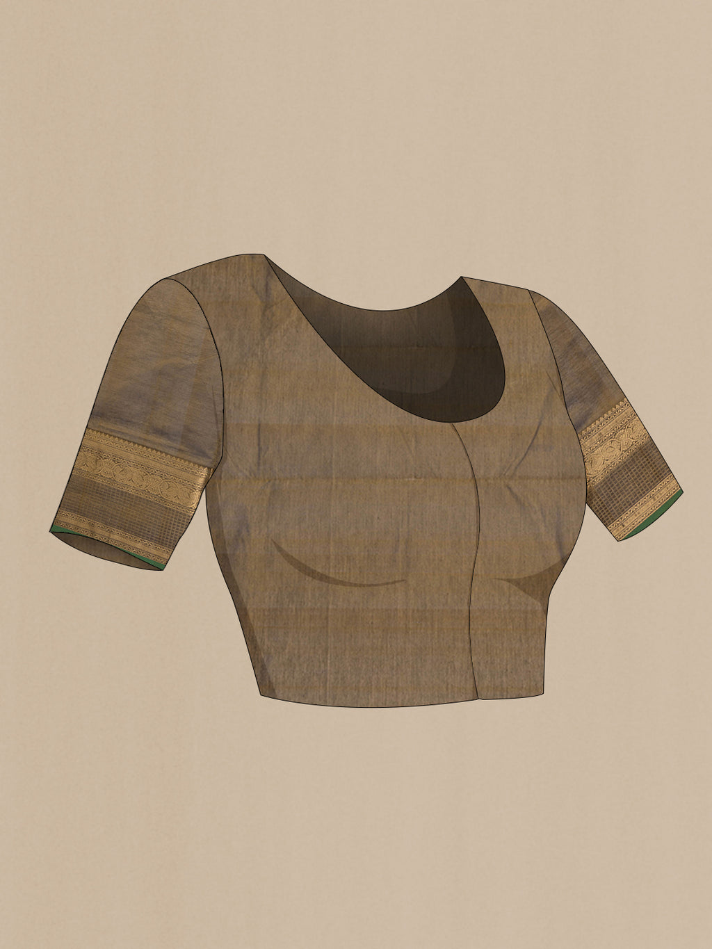 Close up image of the blouse of Mehandi Green Silk Cotton Saree with Zari Butta on the body and Zari Border. 
