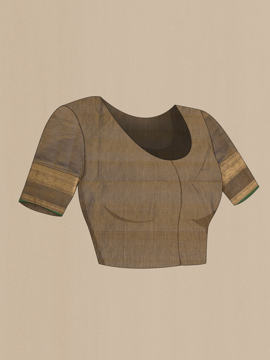 Close up image of the blouse of Mehandi Green Silk Cotton Saree with Zari Butta on the body and Zari Border. 