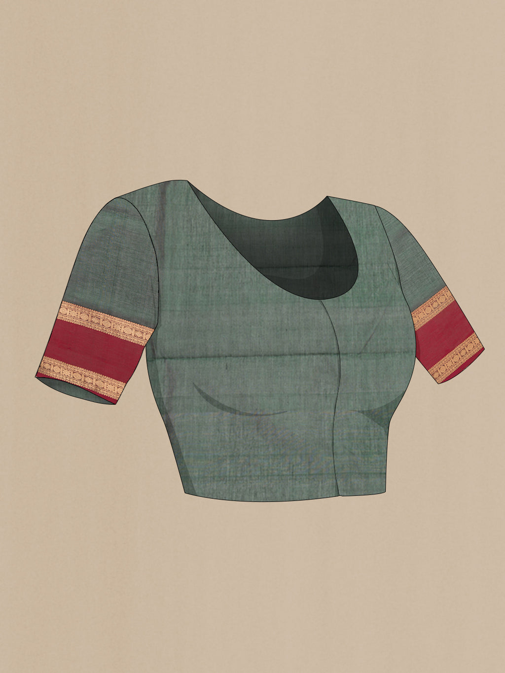 Close up image of the blouse of Bottle Green Silk Cotton Saree with Zari Butta on the body and Zari Border. 
