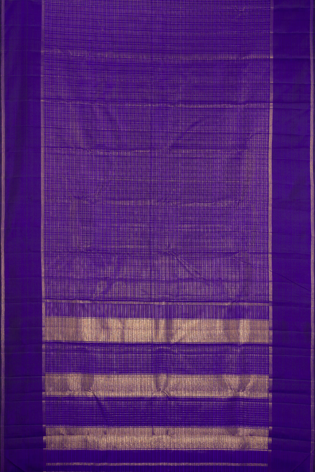 Flat view of Royal Blue Kanchipuram Silk Saree with Checked design on the body and Zari Border. 