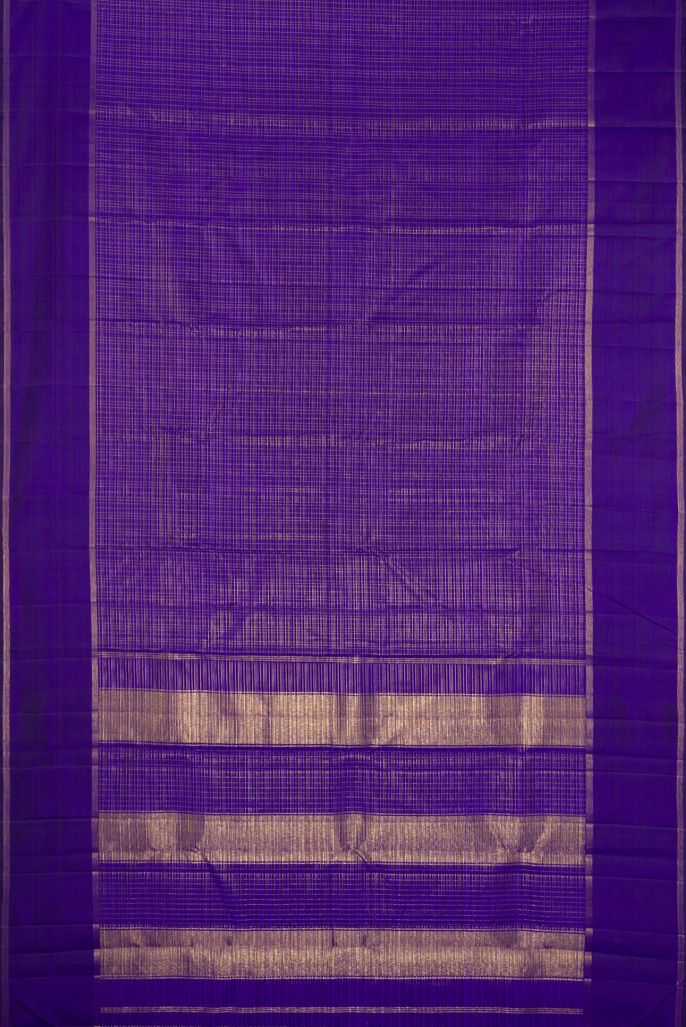Flat view of Royal Blue Kanchipuram Silk Saree with Checked design on the body and Zari Border. 