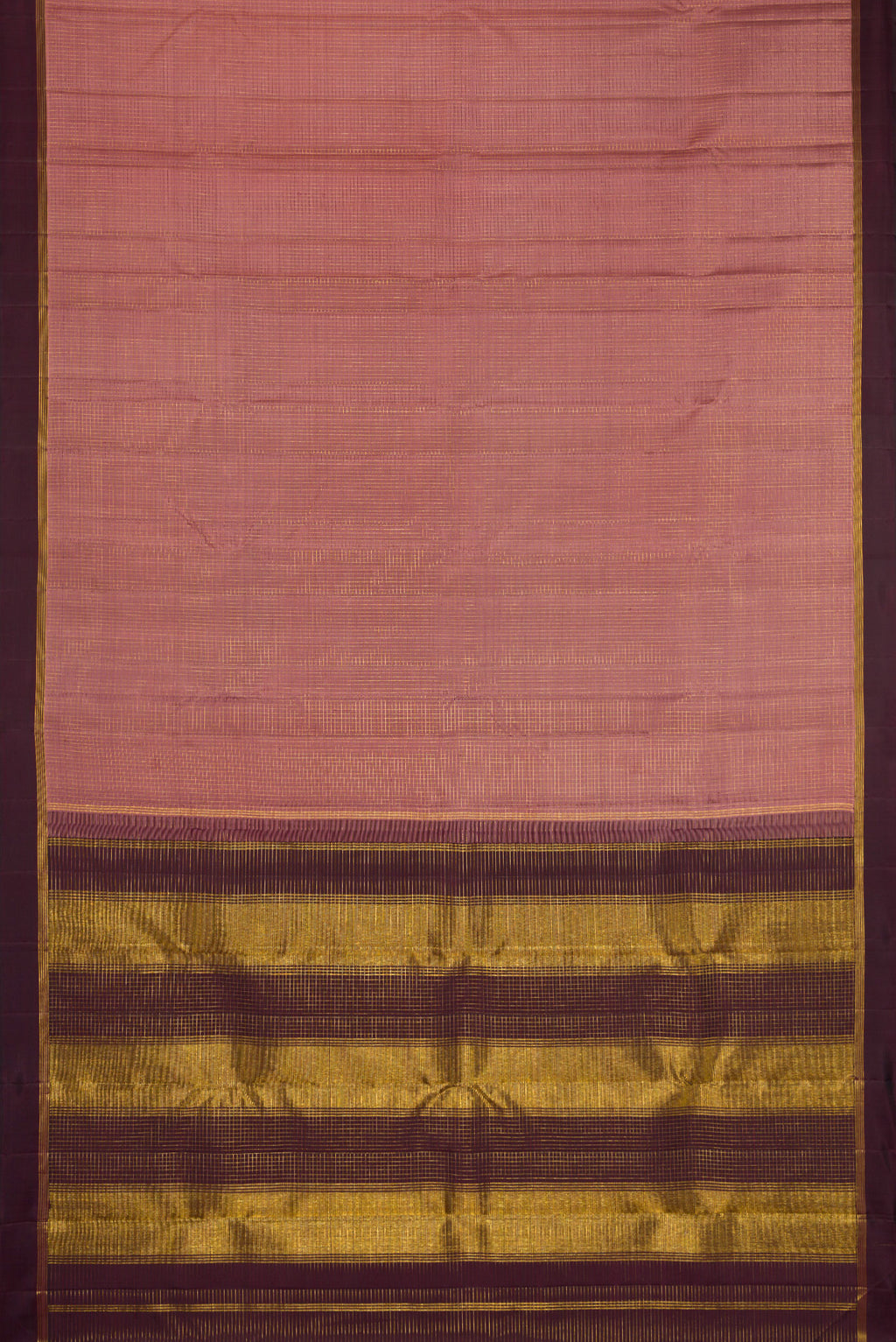Flat view of Mauve Kanjivaram Silk Saree with Checked design on the body and Plain Border. 