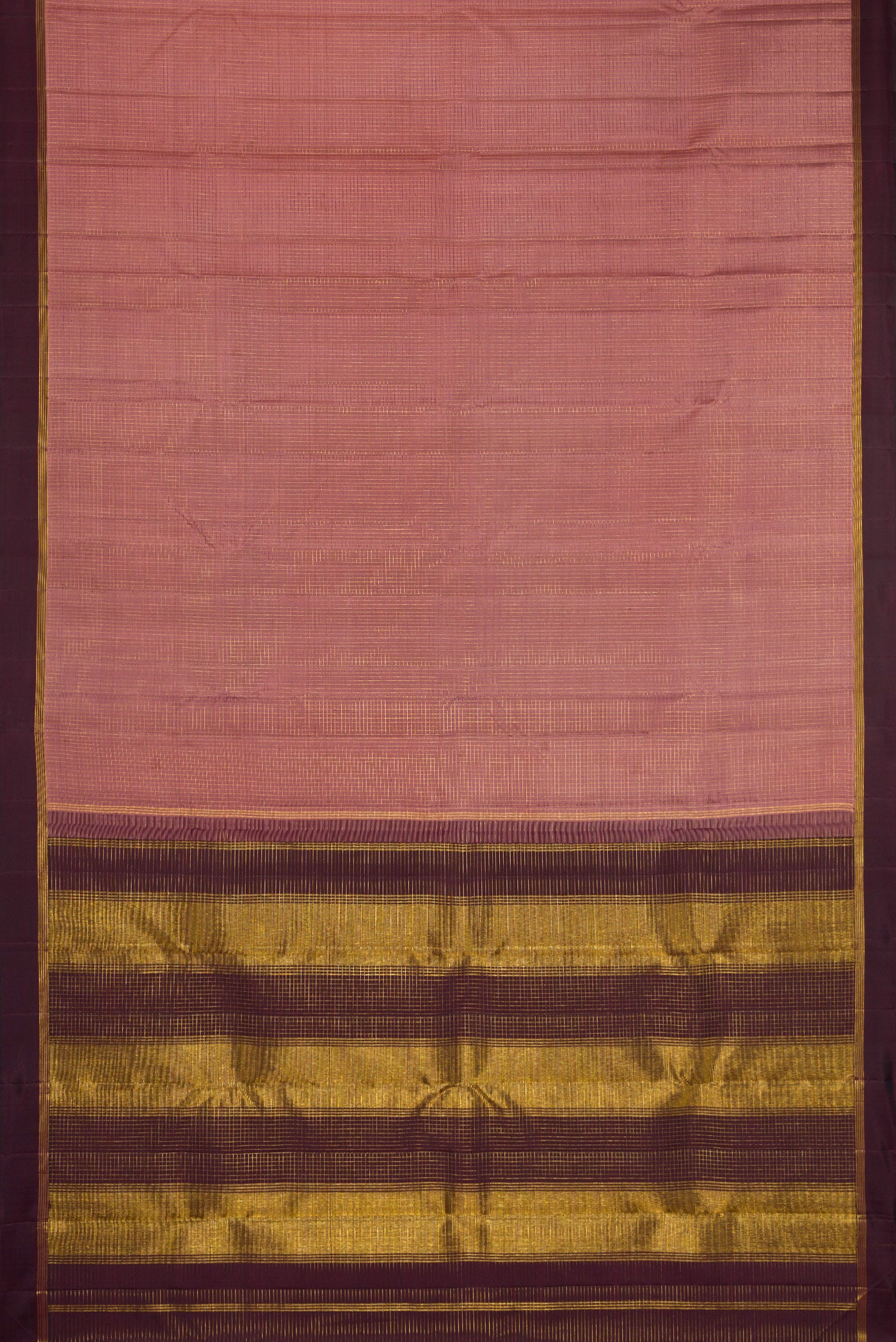 Flat view of Mauve Kanjivaram Silk Saree with Checked design on the body and Plain Border. 
