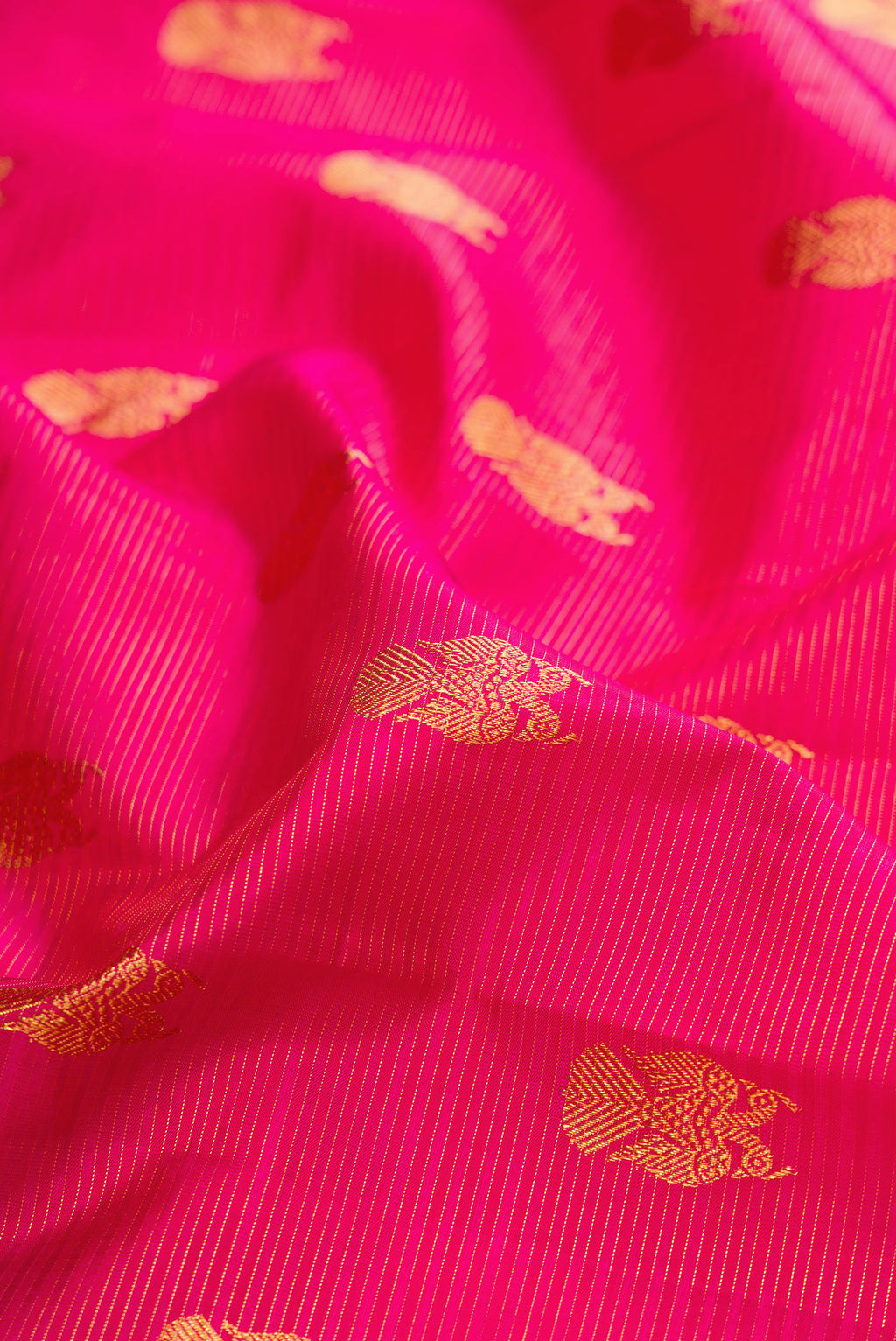Close up of Pink Kanjivaram Silk Saree with Zari Butta on the body and Zari Border.  displaying folds