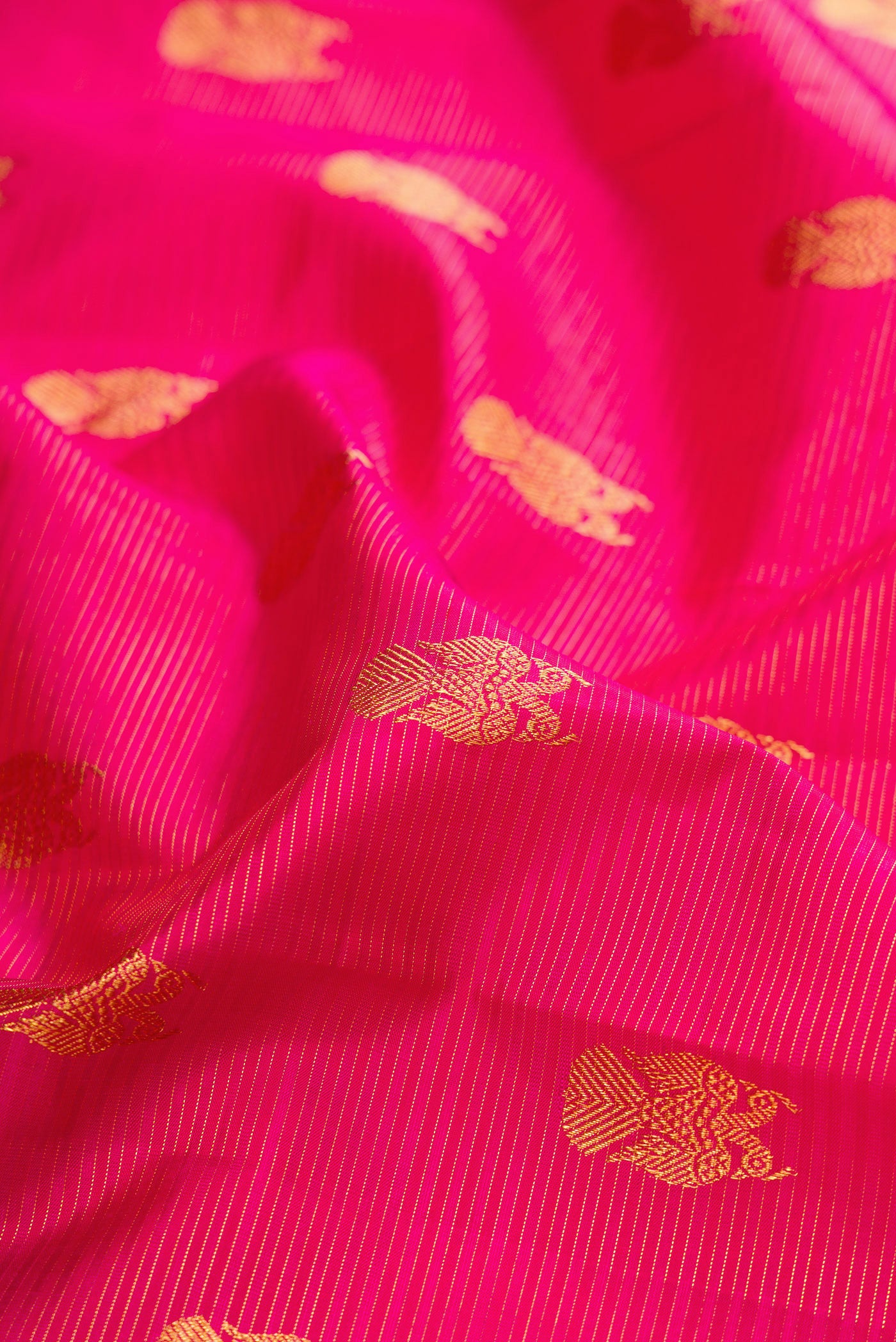 Close up of Pink Kanjivaram Silk Saree with Zari Butta on the body and Zari Border.  displaying folds