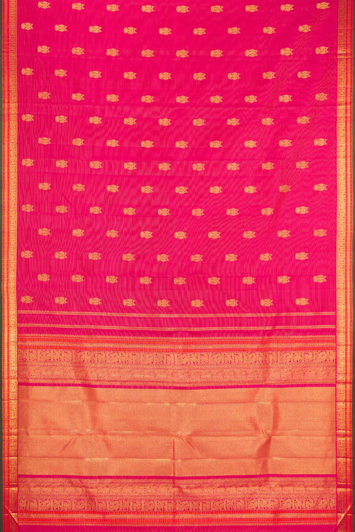 Flat view of Pink Kanjivaram Silk Saree with Zari Butta on the body and Zari Border. 