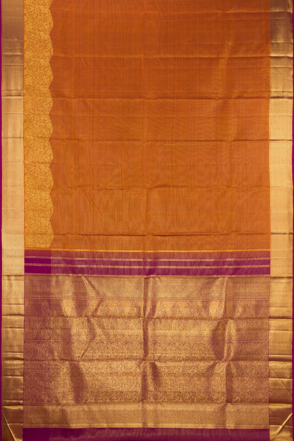 Flat view of Rust Kanchipuram Silk Saree with Checked design on the body and Fancy Border. 