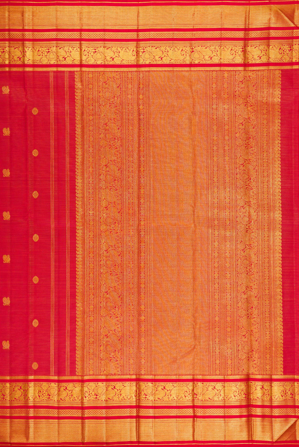 Close up image of the pallu of Red Kanchipuram Silk Saree with Stripes on the body and Zari Border. 